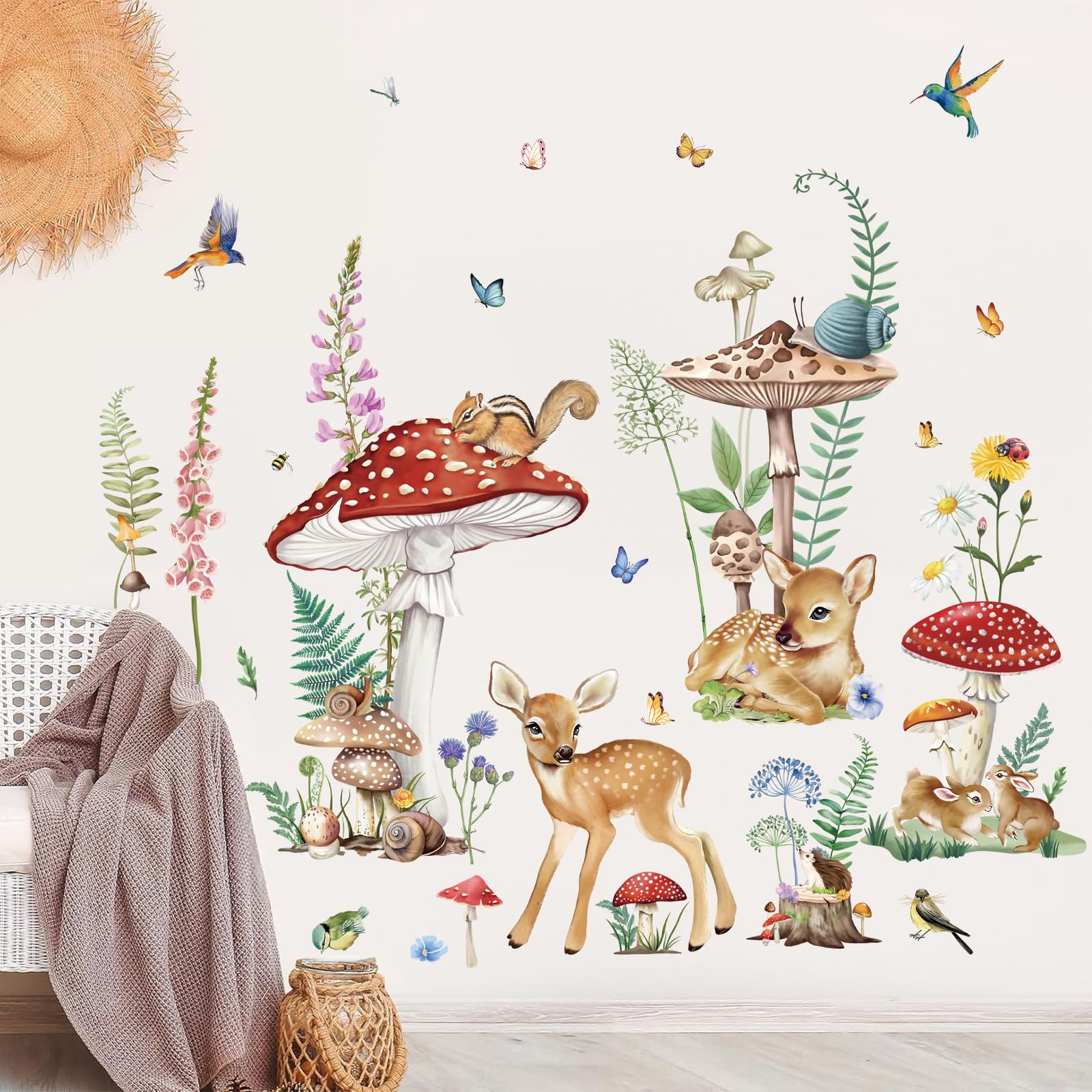 Wondever Woodland Nursery Decor - Peel and Stick Animal Wall Stickers with Mushroom, Deer & Flower Designs for Kids Bedroom, Baby Room - Perfect for Nursery Themes, Children's Room Makeover & Home Decor
