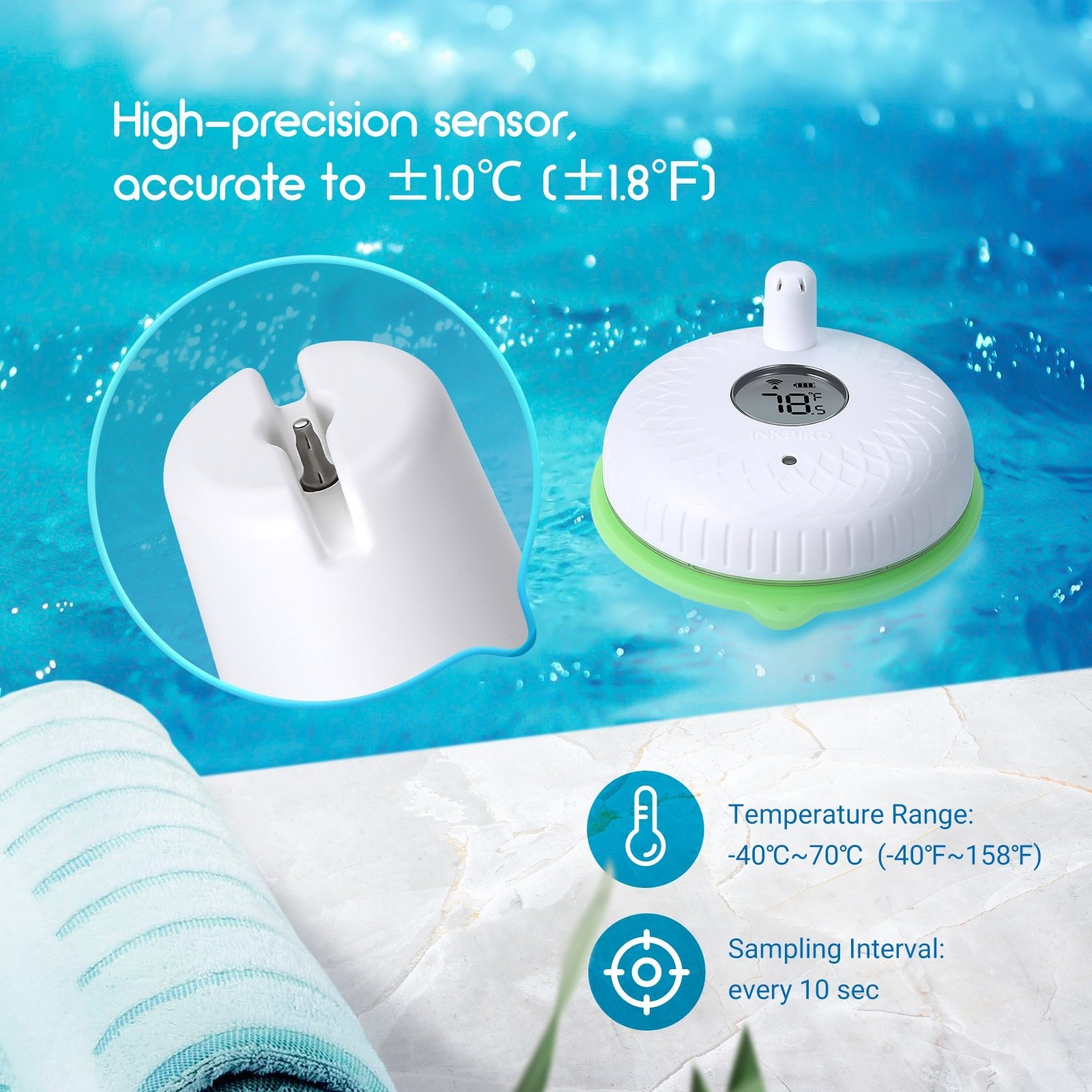 Wireless Pool Thermometer Set IBS P02R - Digital Floating Water Temperature Sensor for Swimming Pools, Spas & Hot Tubs - Monitor Water Temp Remotely from Your Phone