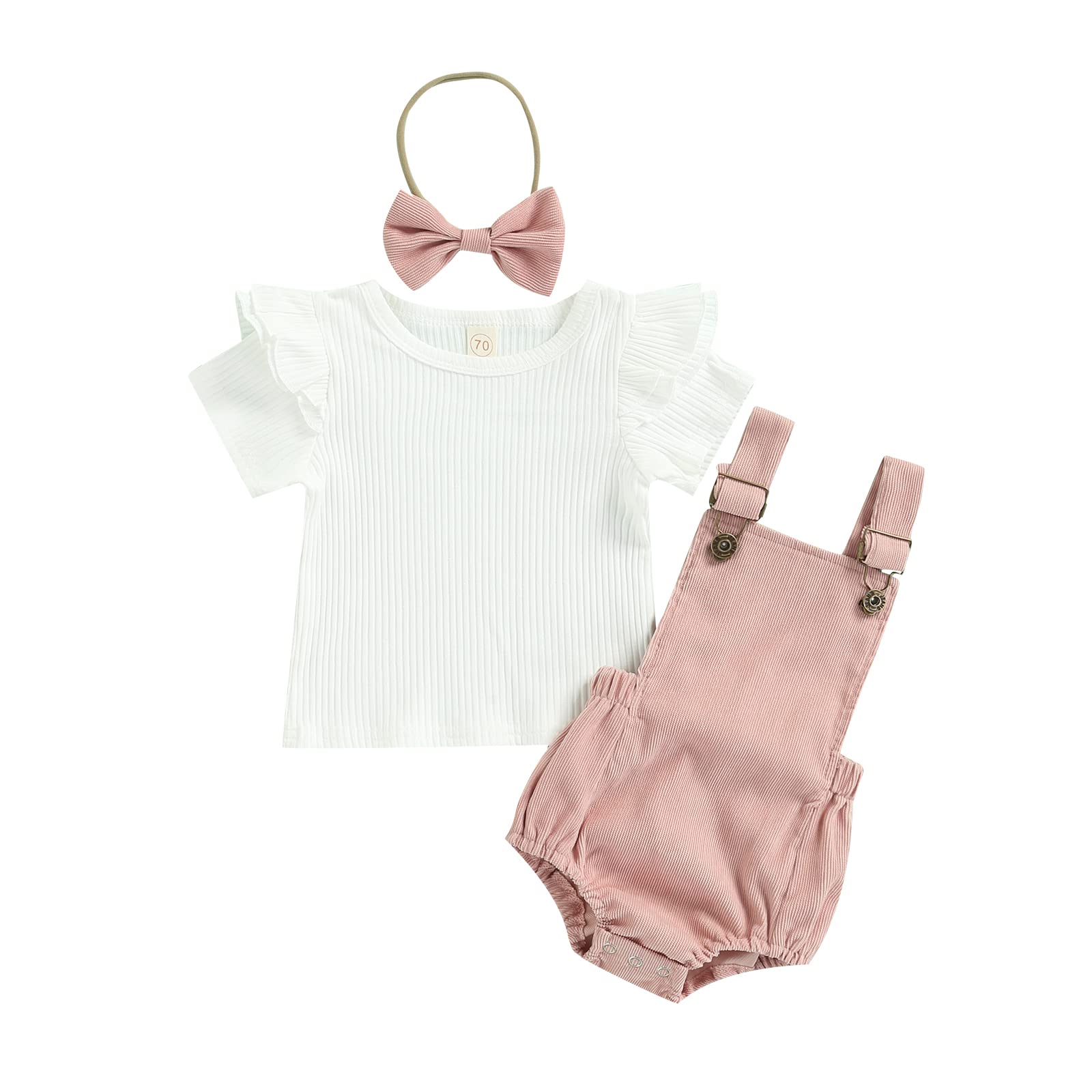 Baby Girl Summer Outfit - Soft Knit Short Sleeve Pullover Top & Corduroy Suspenders Romper Shorts Set | Newborn Infant Toddler Clothes | Perfect for Playdates, Beach Trips & Family Photos