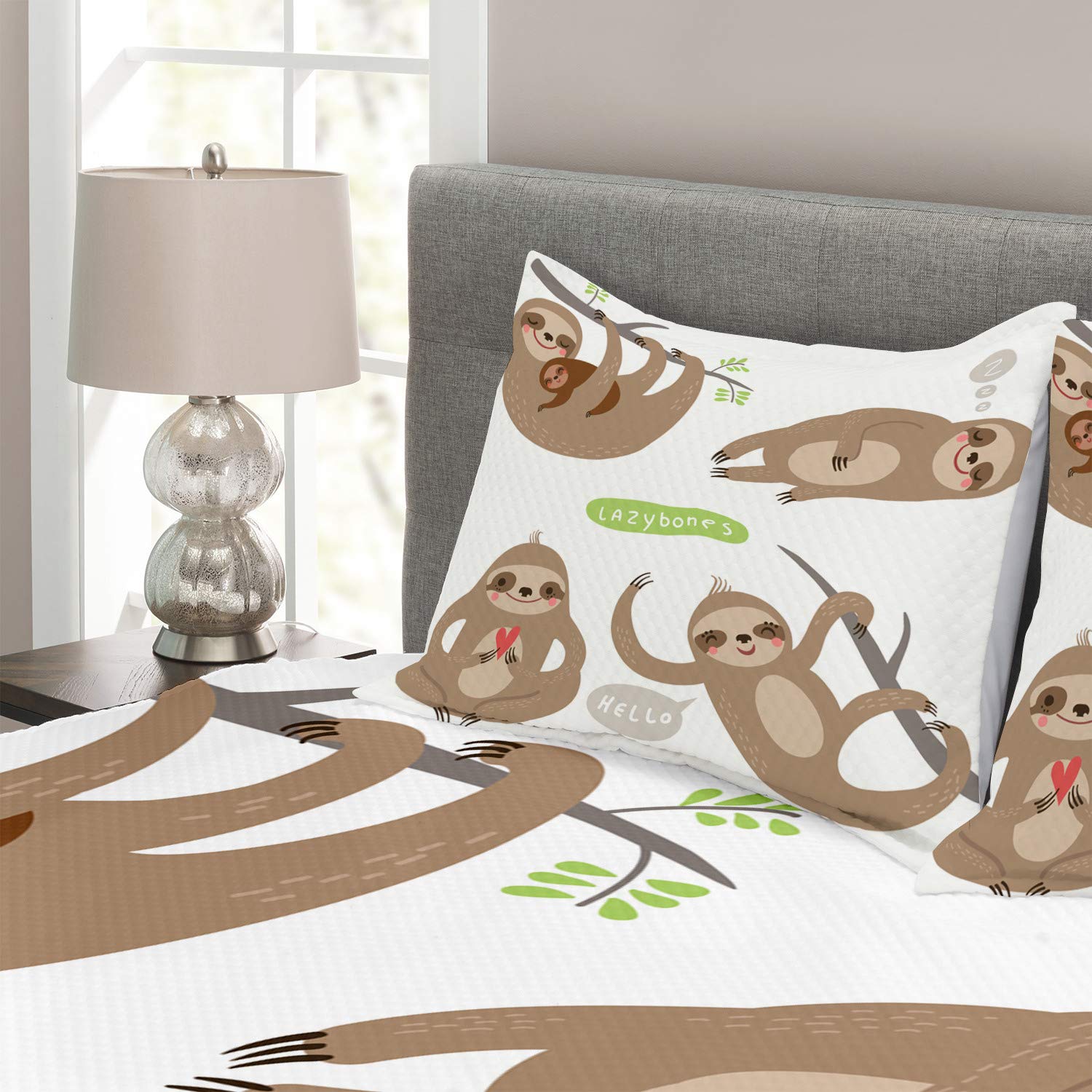 Ambesonne Sloth Bedspread Set - 3-Piece King Size Bedding with Funny Lazy Sloths Hugging Family Design, Pale Brown Grey Green - Perfect for Cozy Bedrooms, Guest Rooms & Sloth-Themed Decor