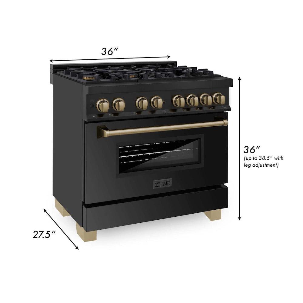 ZLINE Autograph Edition 36-inch Black Stainless Steel Kitchen Package - Dual Fuel Range, Range Hood, Dishwasher & Refrigerator with Internal Water Dispenser & Champagne Bronze Accents (4AKPR RABRHDWV36 CB) | Premium Kitchen Appliances for Modern Homes & Gourmet Cooking