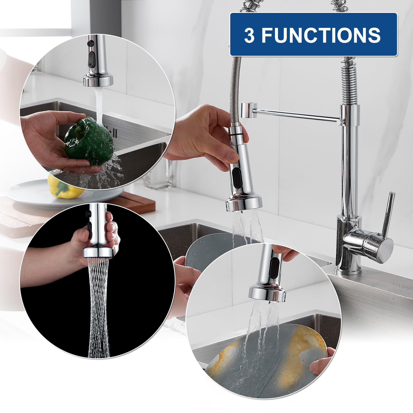 QAOYEDE Pull Down Kitchen Faucet Sprayer Head Replacement - Chrome Finish with G 1/2 Male Thread (No Adapter) - Dual Function Spray & Waterfall Modes for Kitchen Sink Faucets - Perfect for Dishwashing, Food Prep & Cleaning Fruits/Veggies