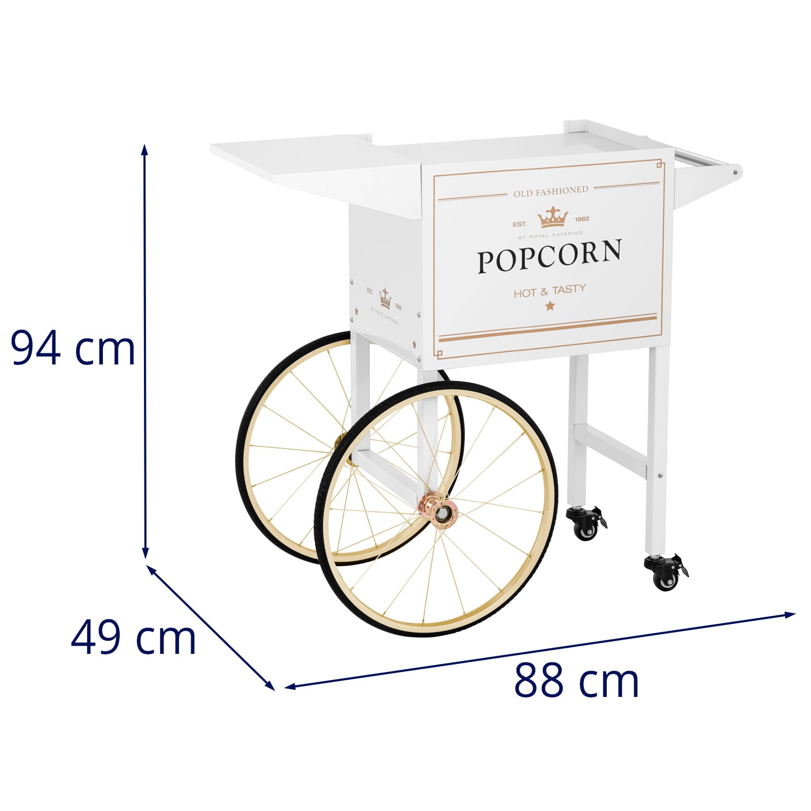 Royal Catering Popcorn Machine Cart - Professional Stainless Steel Popcorn Cart with 4 Wheels & 2 Brakes, White & Gold Commercial Popcorn Maker for Movie Theaters, Carnivals & Concession Stands