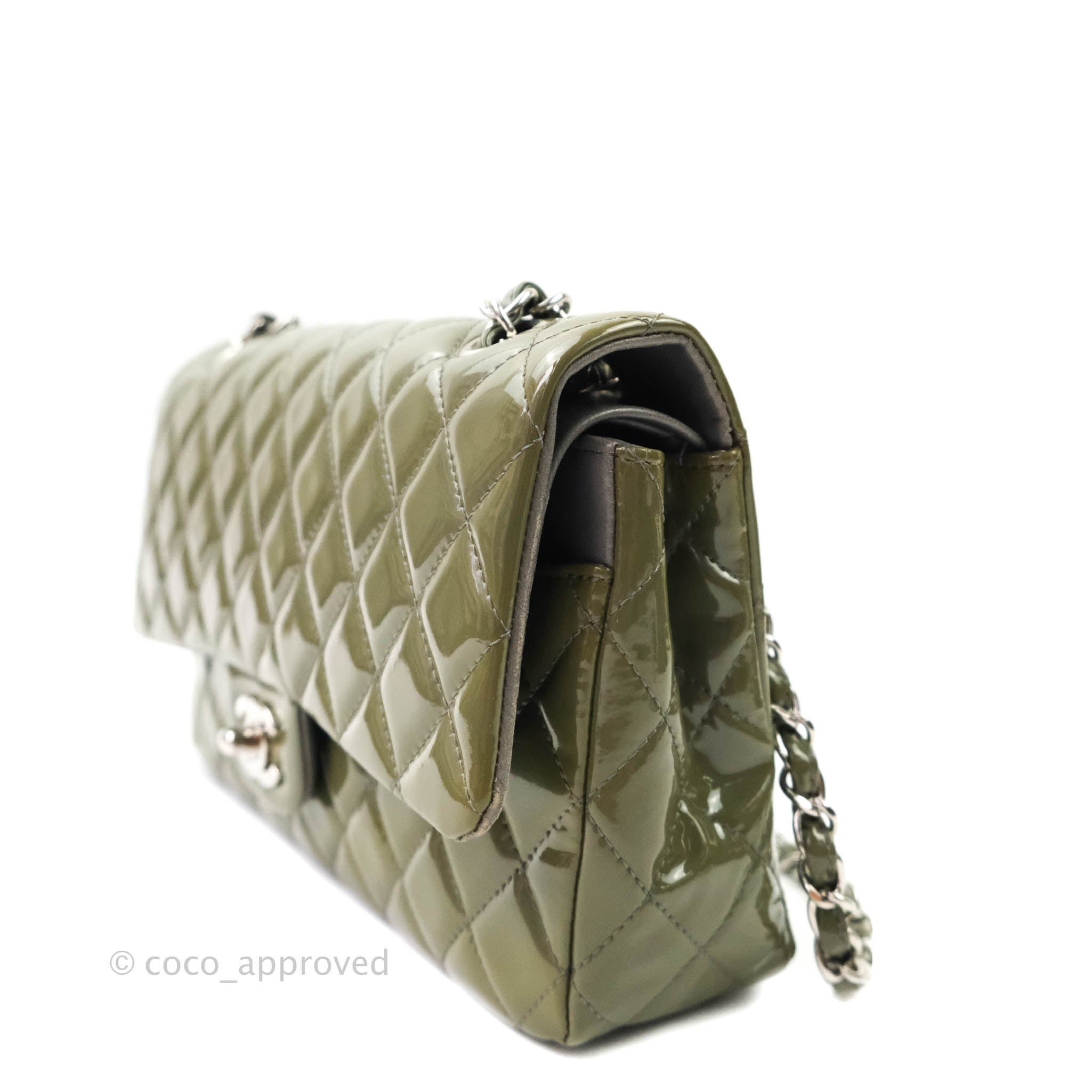 Chanel Classic M/L Medium Double Flap Bag in Olive Green Patent Leather with Silver Hardware - Luxury Handbag for Women, Perfect for Work, Evening Events & Special Occasions