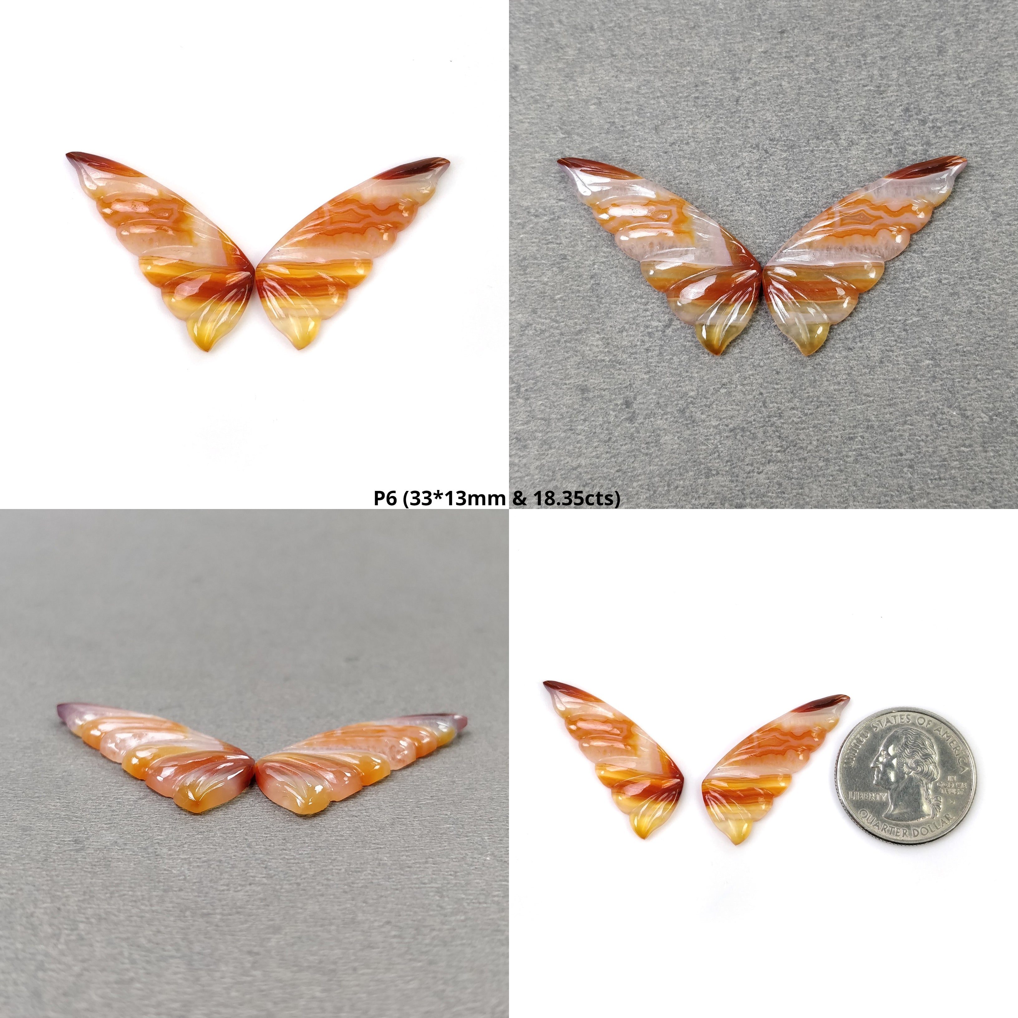 Natural Untreated Botswana Striped Agate Gemstone Hand Carved Butterfly - Bi-Color Agate Jewelry (28x12mm & 33x13mm Pair) for Jewelry Making, Collection & Spiritual Healing