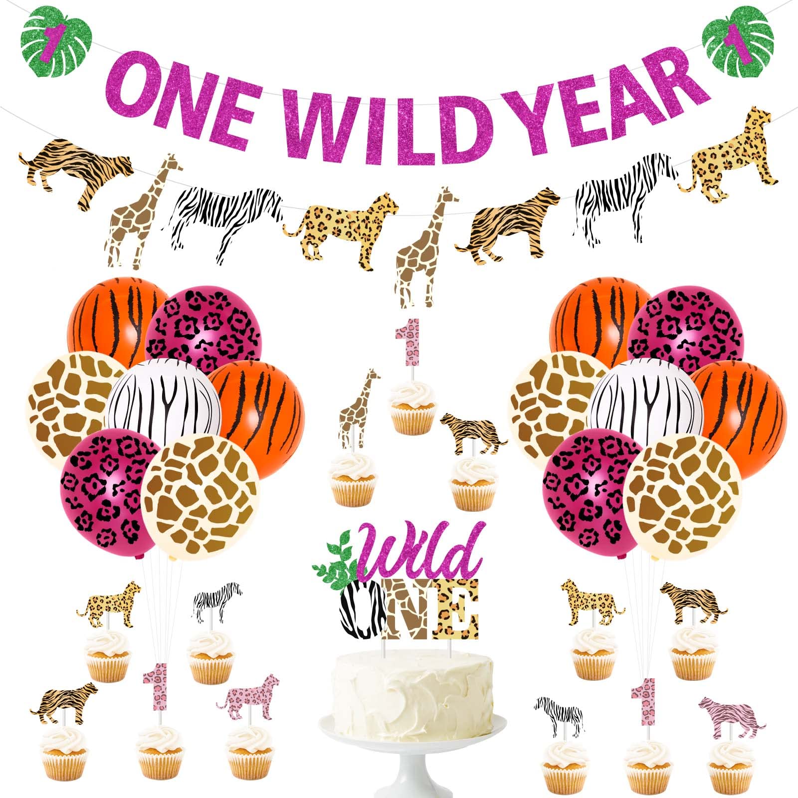 Wild One Birthday Decorations for Girls - Jungle Safari 1st Birthday Party Supplies Kit with Banner, Animal Garland, Cake Toppers & Pink Cheetah Balloons | Perfect for Baby Shower, First Birthday Party Decorations & Safari Theme Celebrations