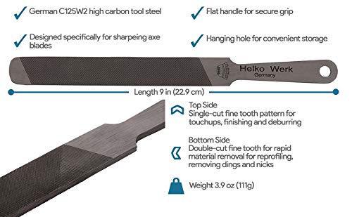 1844 Helko Werk Germany Dual Sided Axe Sharpening File - Professional Axe Sharpener with Single-Cut & Cross-Cut Metal File (Compact File #22101) - Perfect for Camping, Woodworking & Outdoor Tool Maintenance