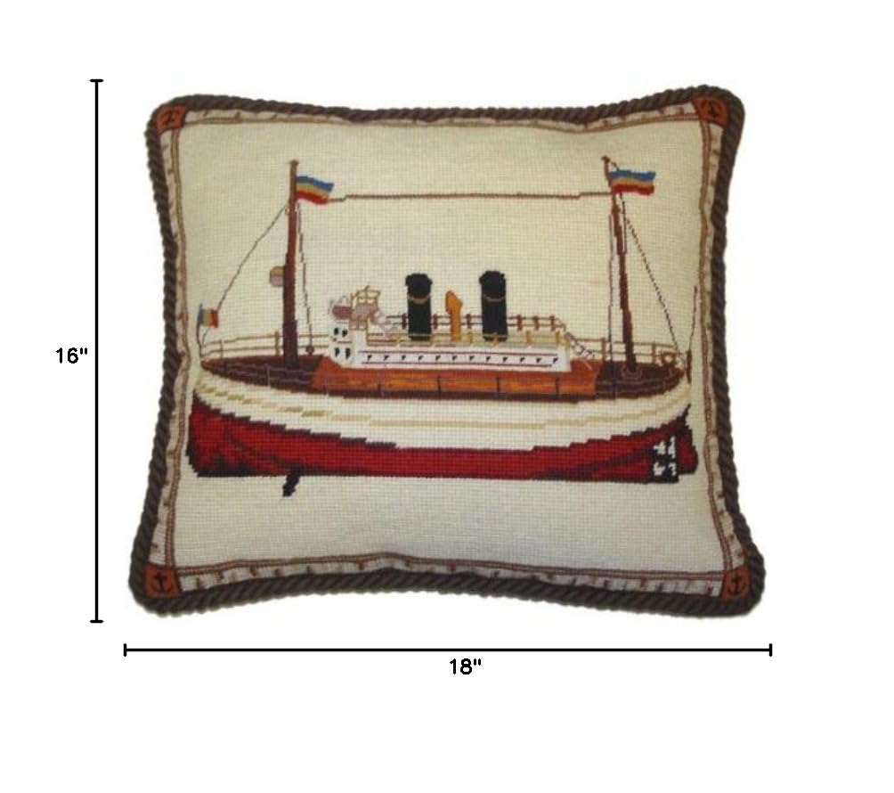 16x18 Inch Needlepoint Boat Pillow - Handmade Nautical Decor for Living Room, Bedroom & Boat Cabin - Perfect for Coastal & Marine Themed Home Decor