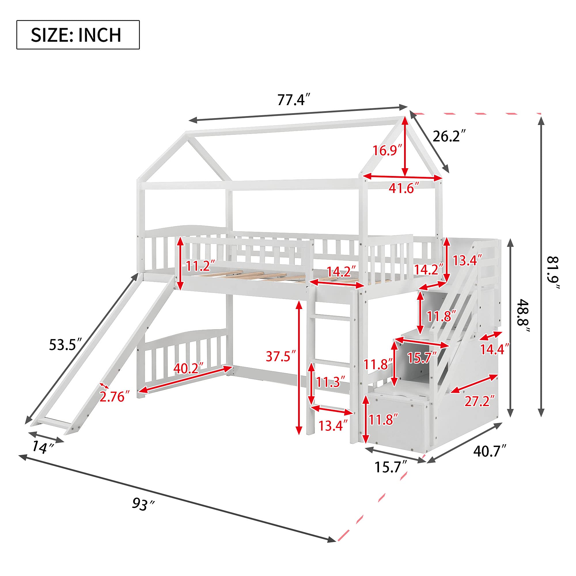 Twin Loft Bed with Slide & 2 Drawers - Kids & Teens Stairway Loft Bed Frame - White - Perfect for Small Bedrooms & Playrooms