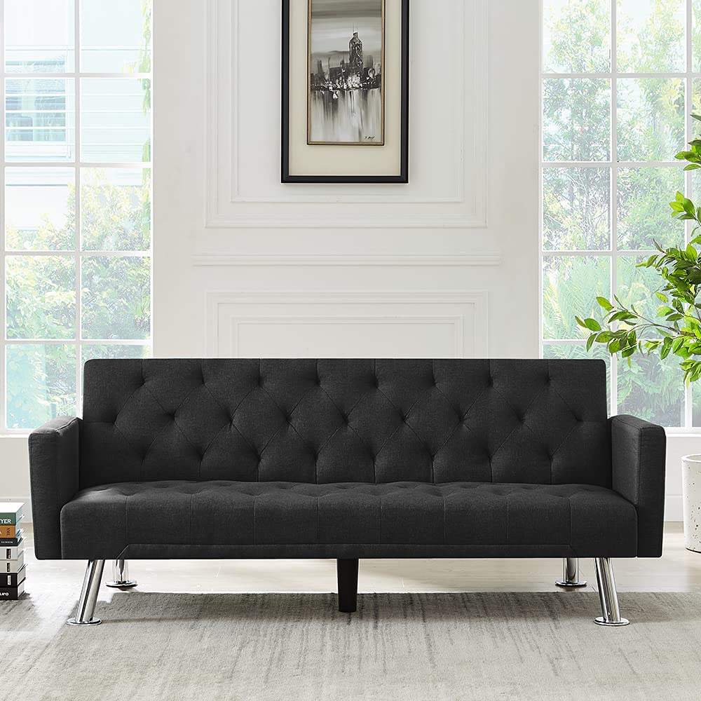 Modern Convertible Futon Sofa Bed with Armrests - Upholstered Linen Fabric Sleeper Couch for Small Spaces | Perfect for Guest Rooms, Apartments & Dorm Rooms (Black)