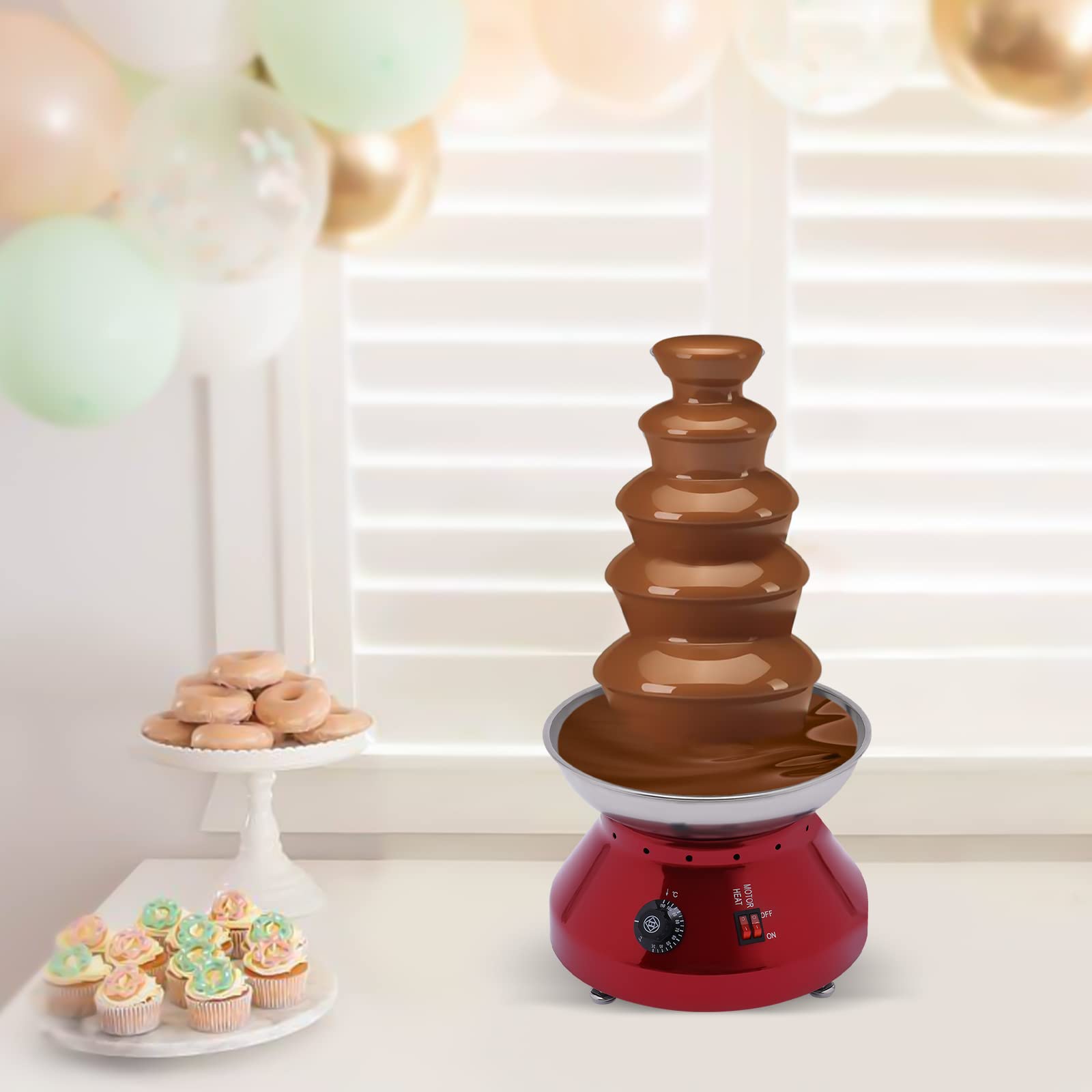Commercial Chocolate Fountain Machine 7lb Large Capacity - Stainless Steel Hot Chocolate Melting Heater for Fondue, Nacho Cheese & Liqueurs - Perfect for Weddings, Parties & Events (5-Tier, Red)