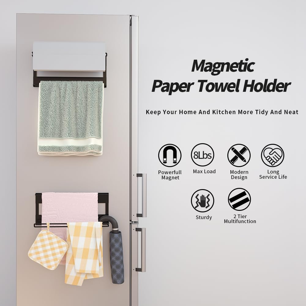 Strong Magnetic Paper Towel Holder for Refrigerator - 2 Pack Heavy Duty Iron Kitchen & Bathroom Towel Rack - No Drill Mounting for Refrigerator, Cabinet, Office, Dorm (Black, Large) - Perfect for Kitchen Organization & Space Saving Storage