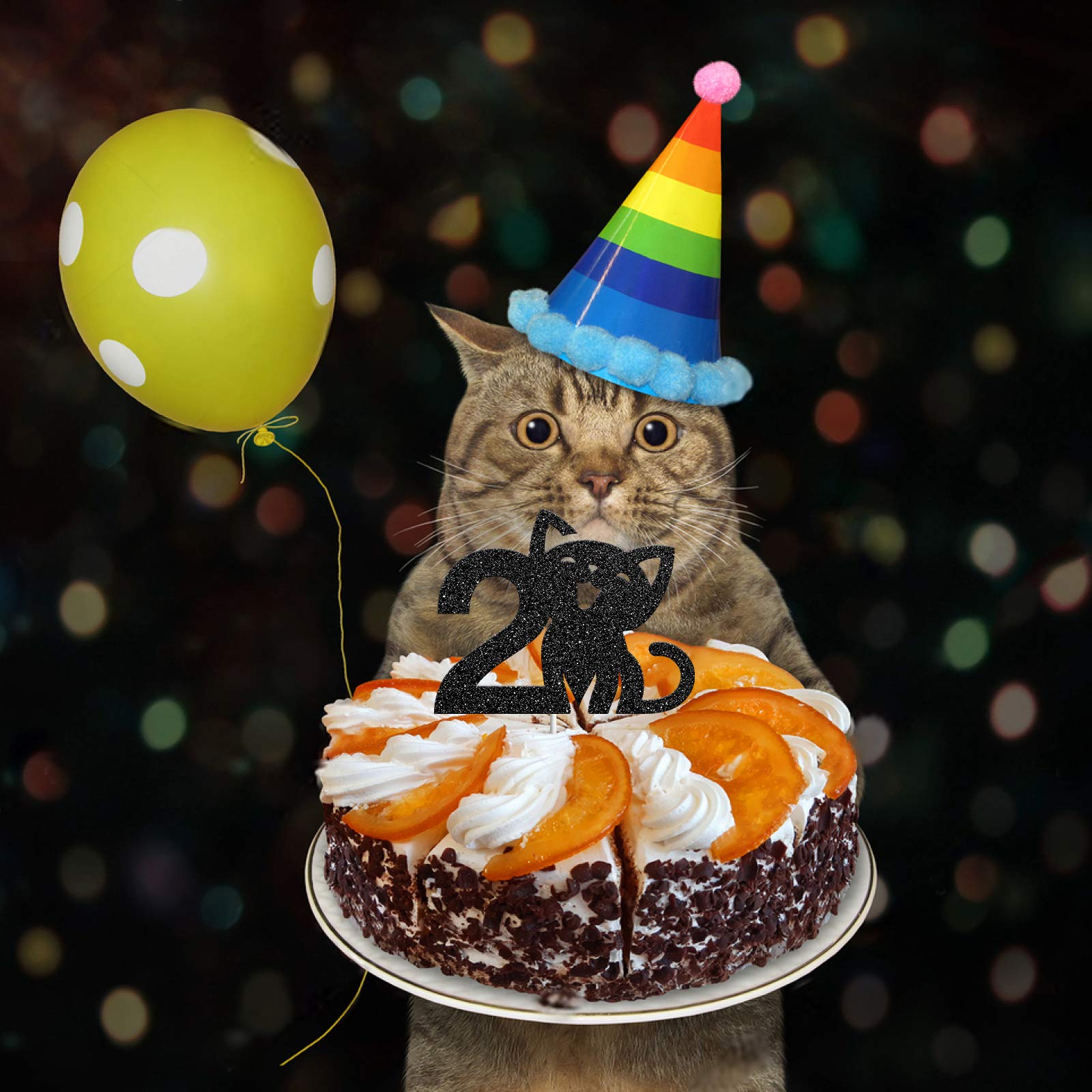 Happy 2nd Birthday Cat Cake Topper - Black Glitter 'I'm Two' Sign for Kitty Themed Parties | Pet Celebration Decor for Cakes, Cupcakes & Desserts
