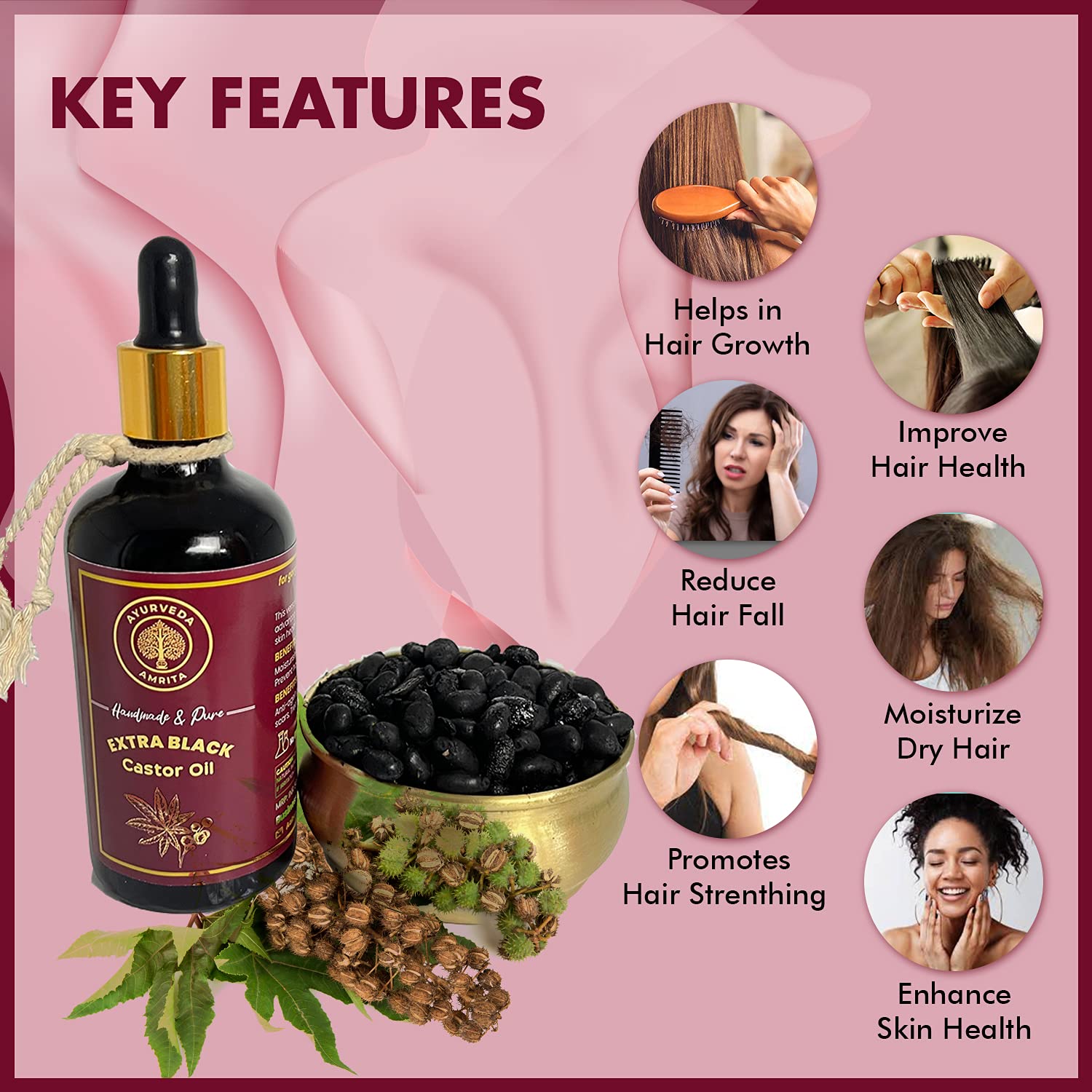 Pure Ayurvedic Amrita Black Castor Oil - 100% Natural Hair Growth Treatment for Hair, Eyebrows & Beard | Promotes Thicker, Longer & Healthier Growth | Perfect for Daily Hair Care, Styling & Grooming Routine
