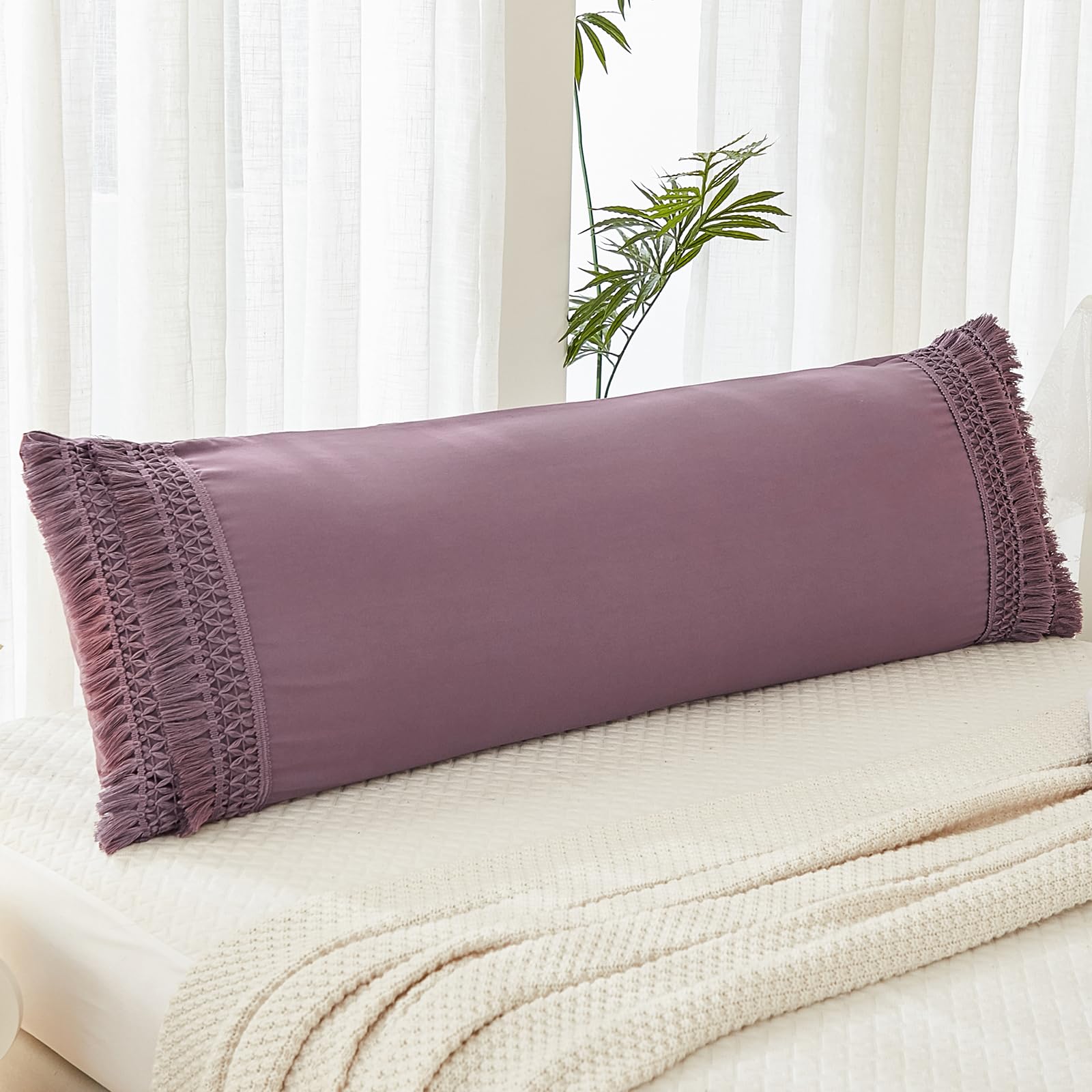 Soft Grayish Purple Body Pillow Cover 20x54 Inches with Tassels & Pocket Closure - Boho Chic Decorative Pillowcase for Bed, Couch, Nursery (Machine Washable)