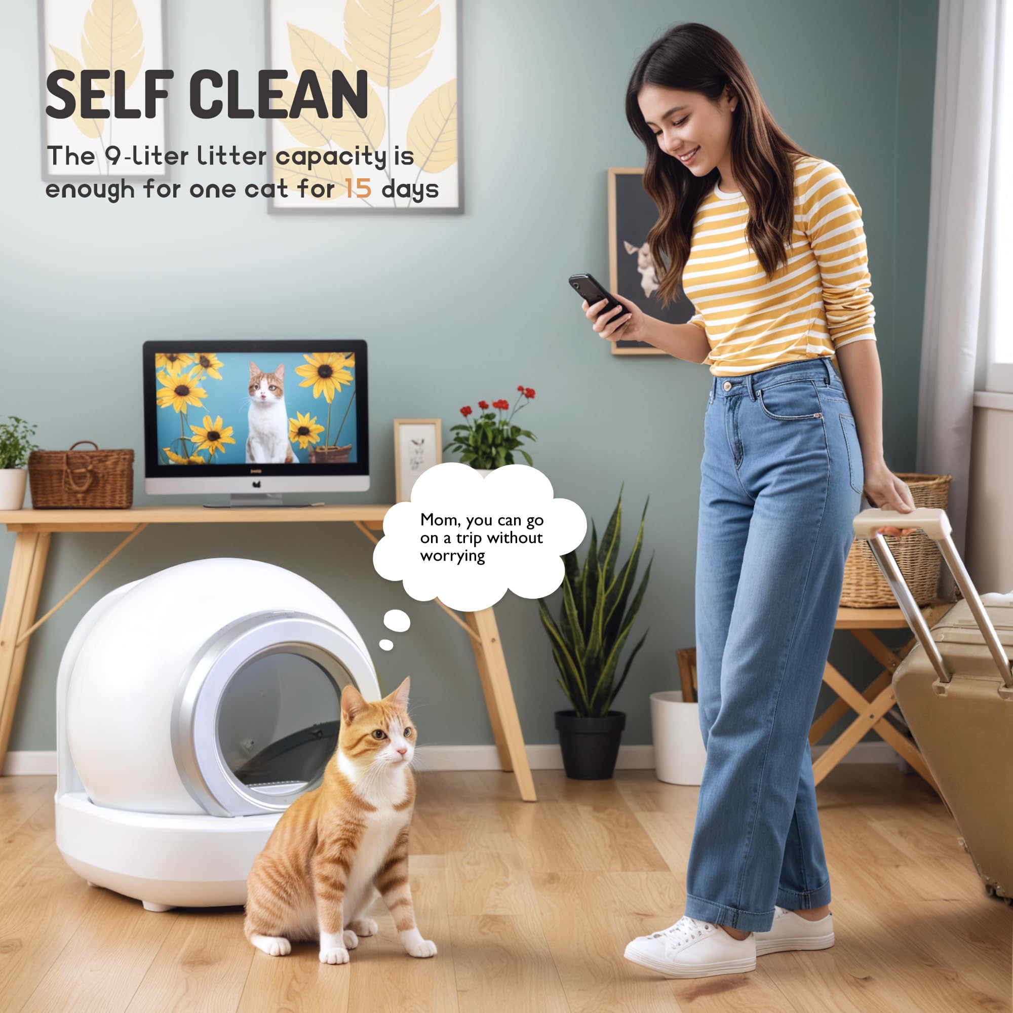 Self Cleaning Cat Litter Box - Automatic Wi-Fi Enabled Smart Litter Box for Multiple Cats with APP Control, Low Noise & Safety Features, Includes Mat & 2 Roll Garbage Bags (White) - Perfect for Busy Pet Owners & Smart Home Integration