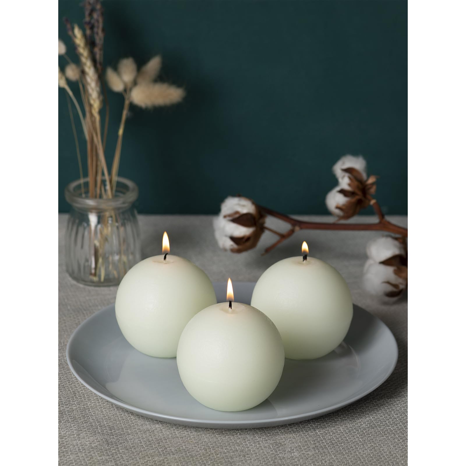 CANDWAX Set of 3 Unscented Round Ball Candles (3 Inch) - Long Burning Ivory Decorative Candles for Wedding, Romantic Home Decor & Table Centerpieces