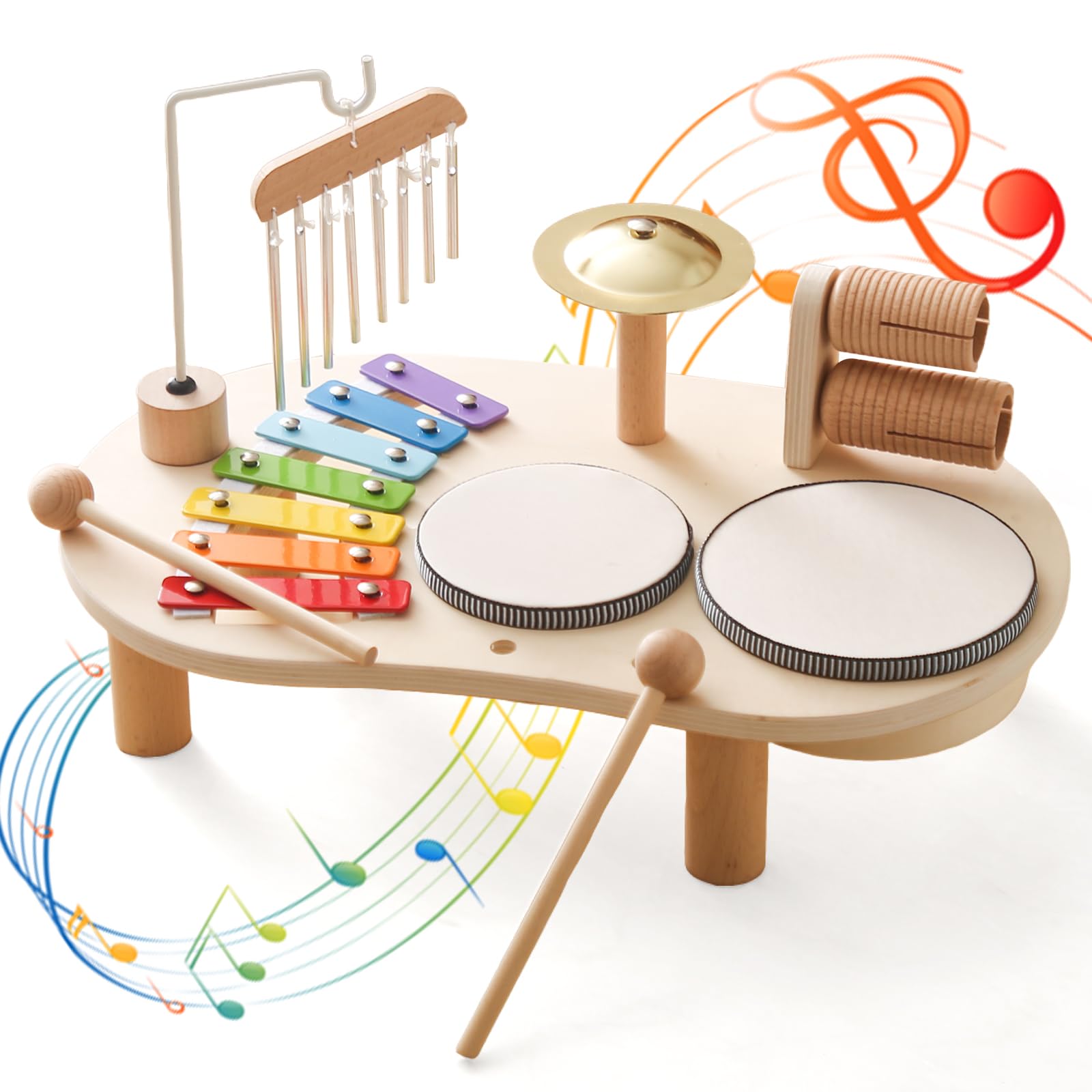 **Promise Babe Wooden Musical Instruments for Toddlers 1-3 Years - Kids Percussion Set with Drum & Xylophone - Montessori Educational Toys for Boys & Girls Ages 3+ - Perfect for Early Learning, Playtime & Birthday Gifts**