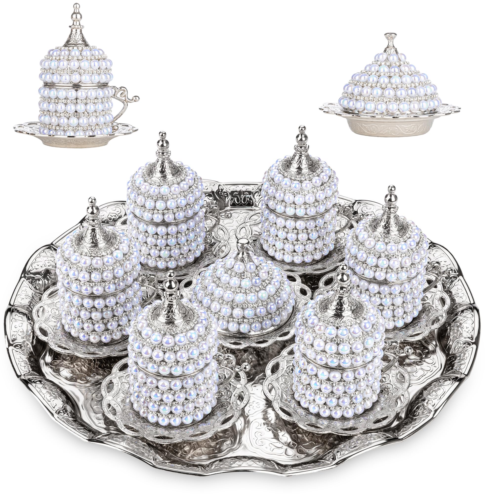 Premium 27-Piece Ottoman Turkish Greek Arabic Coffee Espresso Serving Set with Pearl Embellishments - Silver Tray, Saucers & Sugar Dish - Perfect for Traditional Coffee Ceremonies, Home Decor & Gift Giving