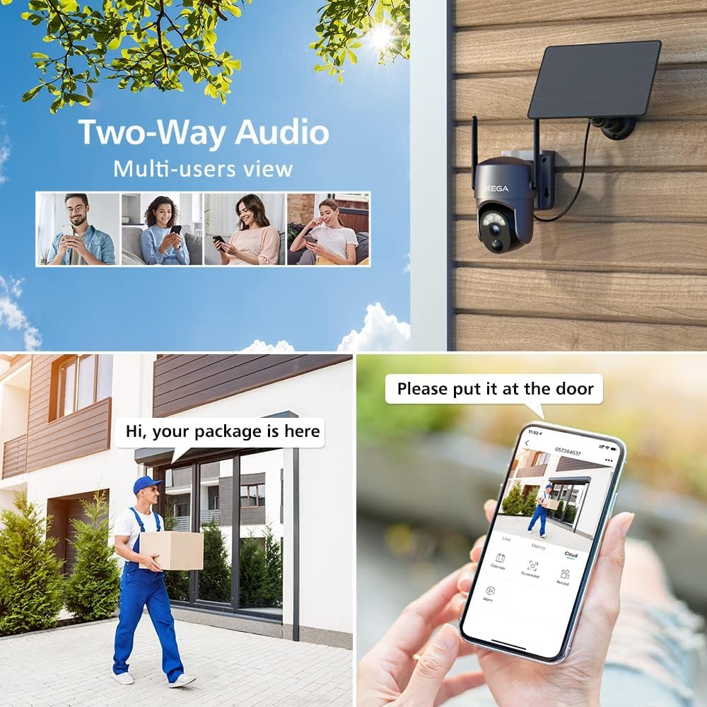 Xega Smart Solar Security Camera Outdoor Wireless 2-Pack - 1080P HD PTZ Wi-Fi Surveillance CCTV with Color Night Vision, PIR Human Detection & Two-Way Audio - Ideal for Home, Garage & Backyard Security Monitoring