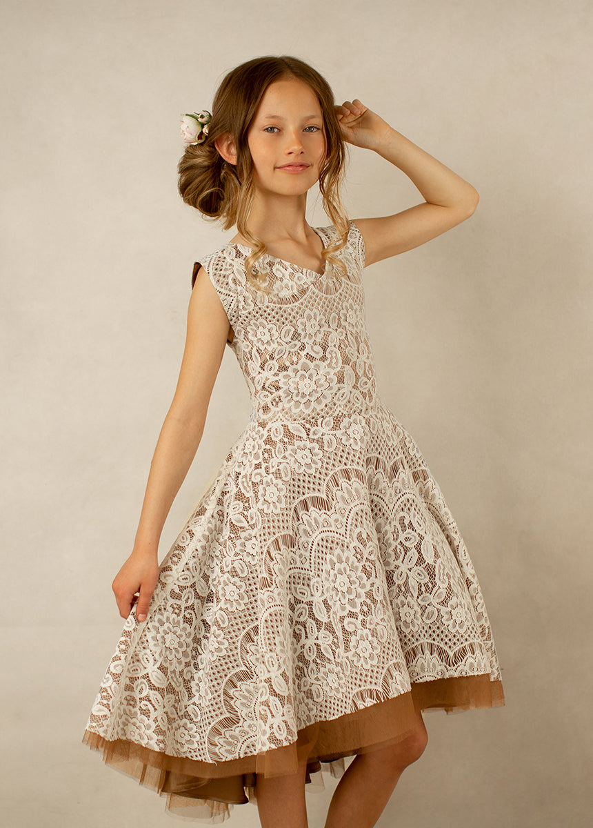 Lezah Flower Girl Dress in Chai - Elegant Lace Tea-Length Dress for Weddings & Special Occasions