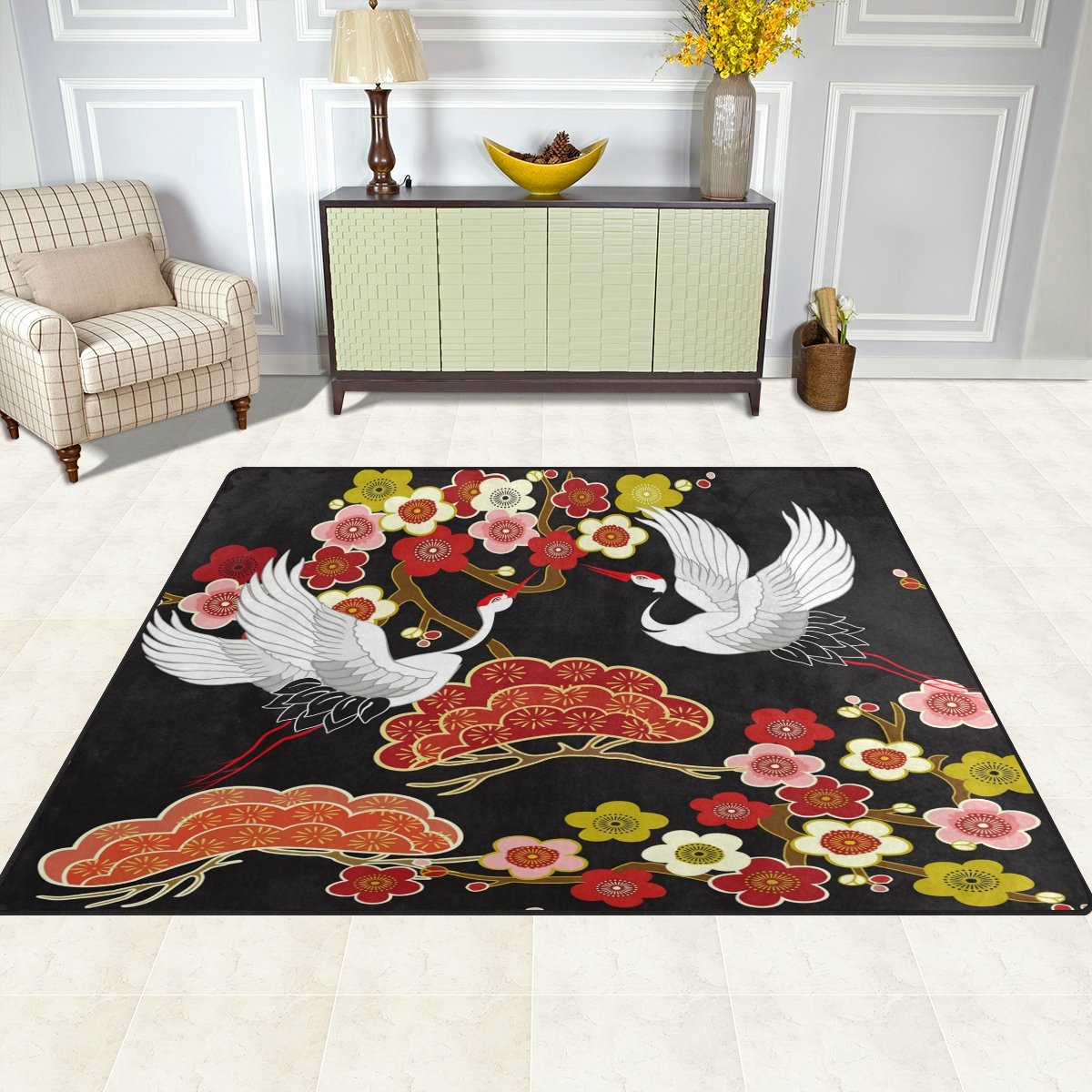 ALAZA Japanese Floral Crane Bird Area Rug - 5'3