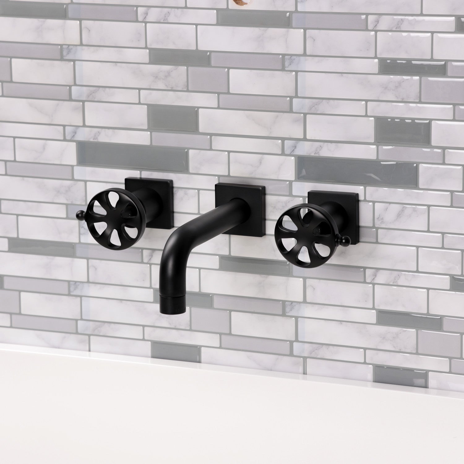 Belknap KS6120RX Matte Black Double Handle 3-Hole Wall Mount Bathroom Faucet - Perfect for Modern Bathrooms & Powder Rooms