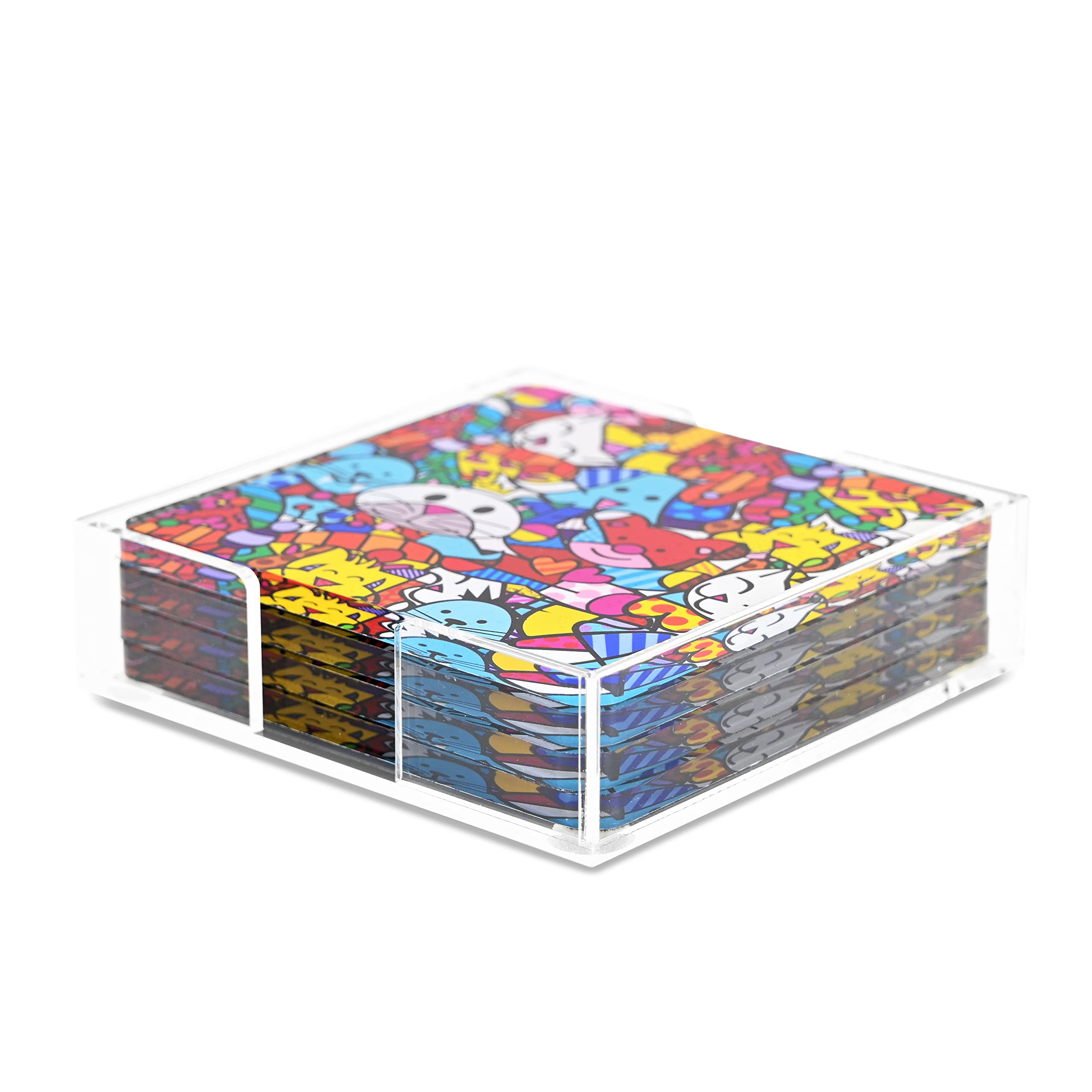 Romero Britto Square Acrylic Drink Coasters Set of 4 - 4x4 Inch Happy Animal Art Design for Best Friends - Perfect for Home Bar, Coffee Table & Party Decor