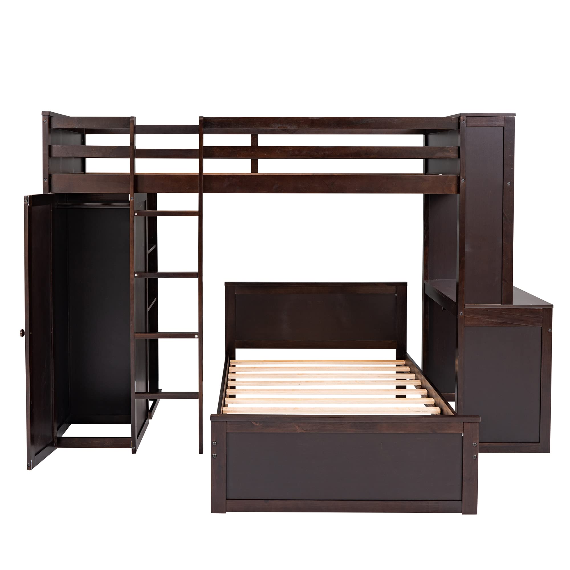 Twin Over Twin Bunk Beds with Desk & Storage - Wooden Loft Bed with Removable Twin Bed, Wardrobe, Shelves, Ladder & Guardrails for Kids - Space-Saving Bedroom Solution for Small Rooms, Dorms or Shared Kids' Rooms (Espresso Finish)