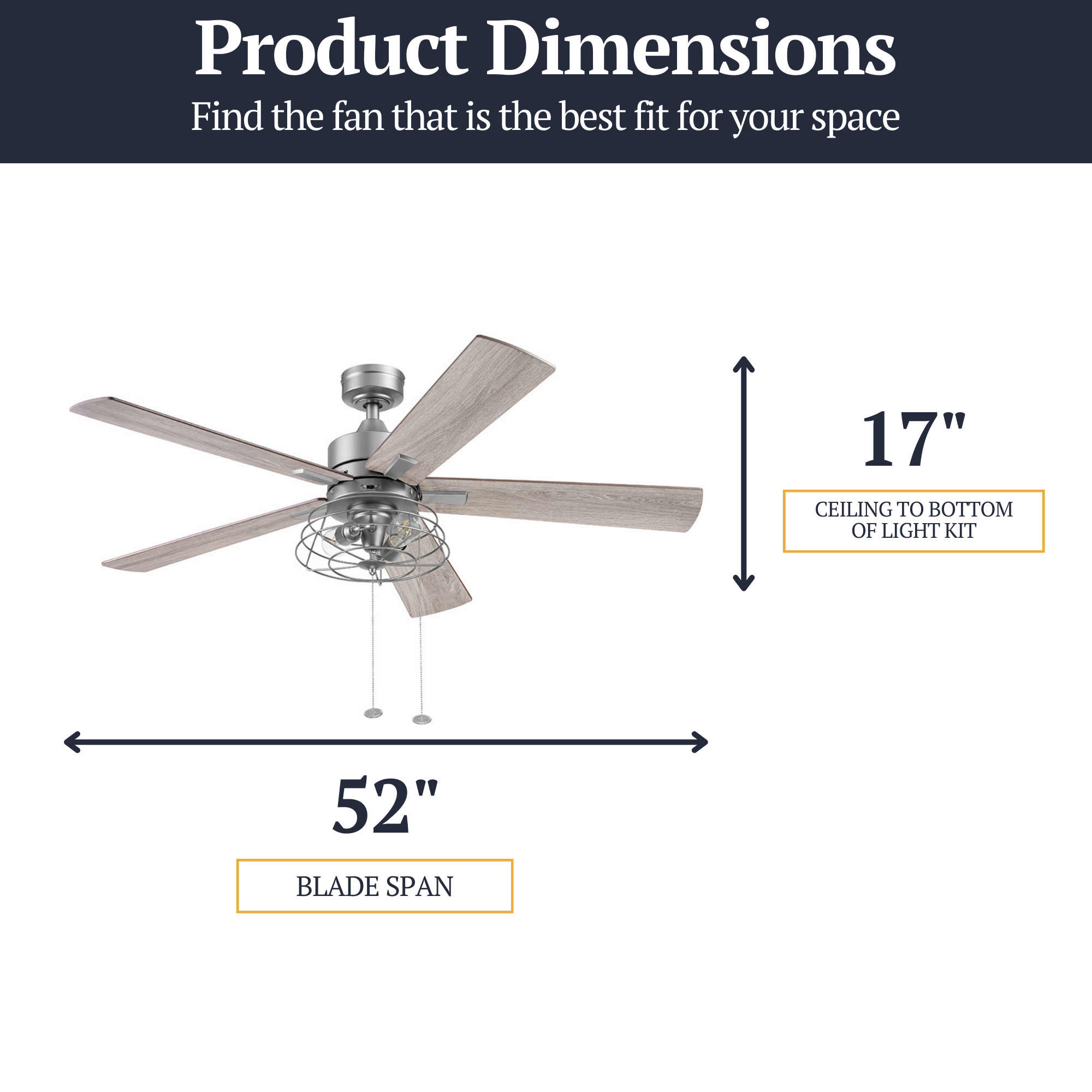 52 Inch Marshall Pewter Ceiling Fan with Pull Chain - Modern Indoor Ceiling Fan for Living Room, Bedroom, and Office - Energy Efficient with Quiet Operation