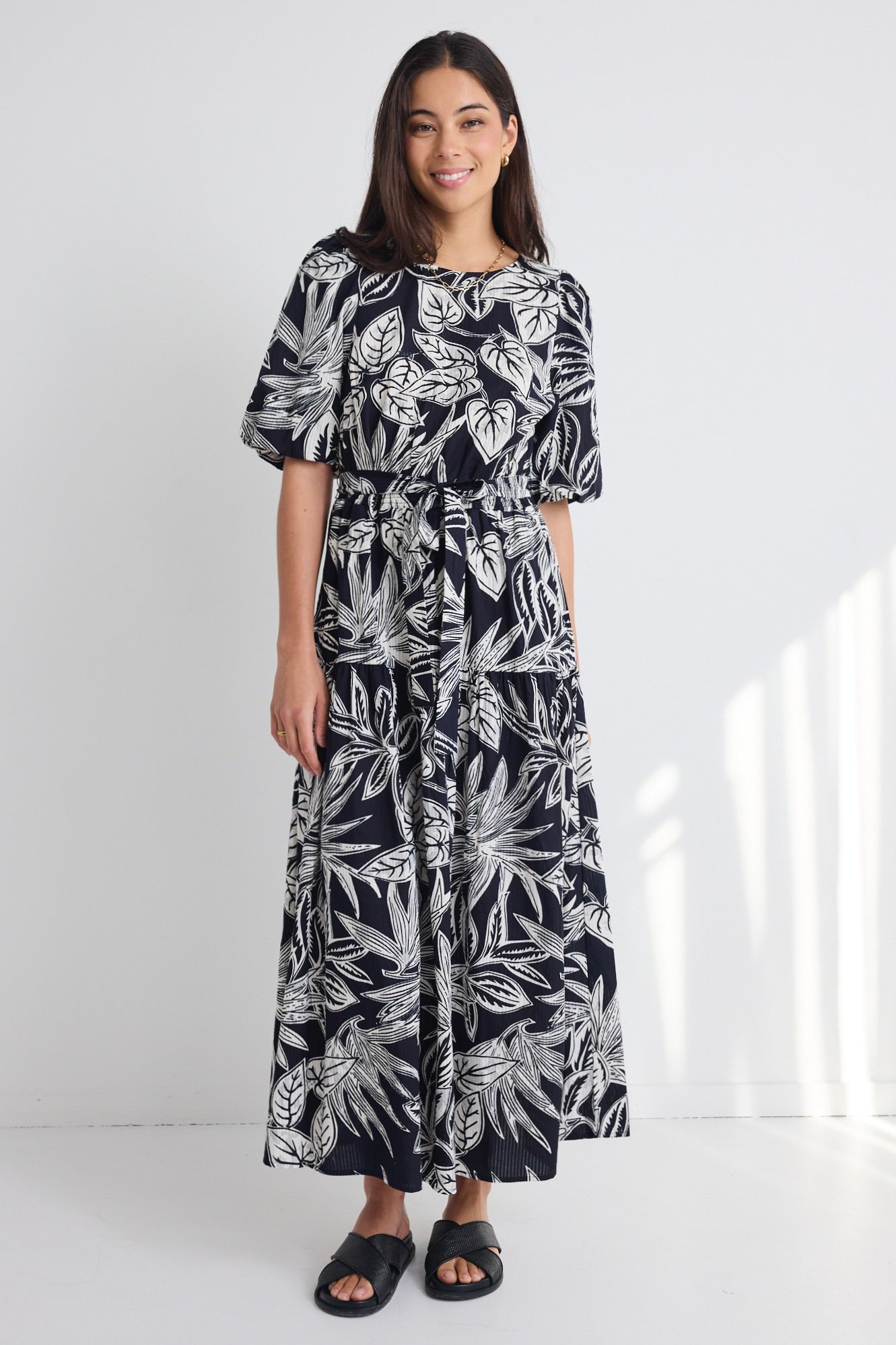 Floreana Black Leaf Sleeveless Maxi Dress with Elastic Waist - Summer Beach Cover Up, Vacation Dress, Boho Chic Outfit for Women
