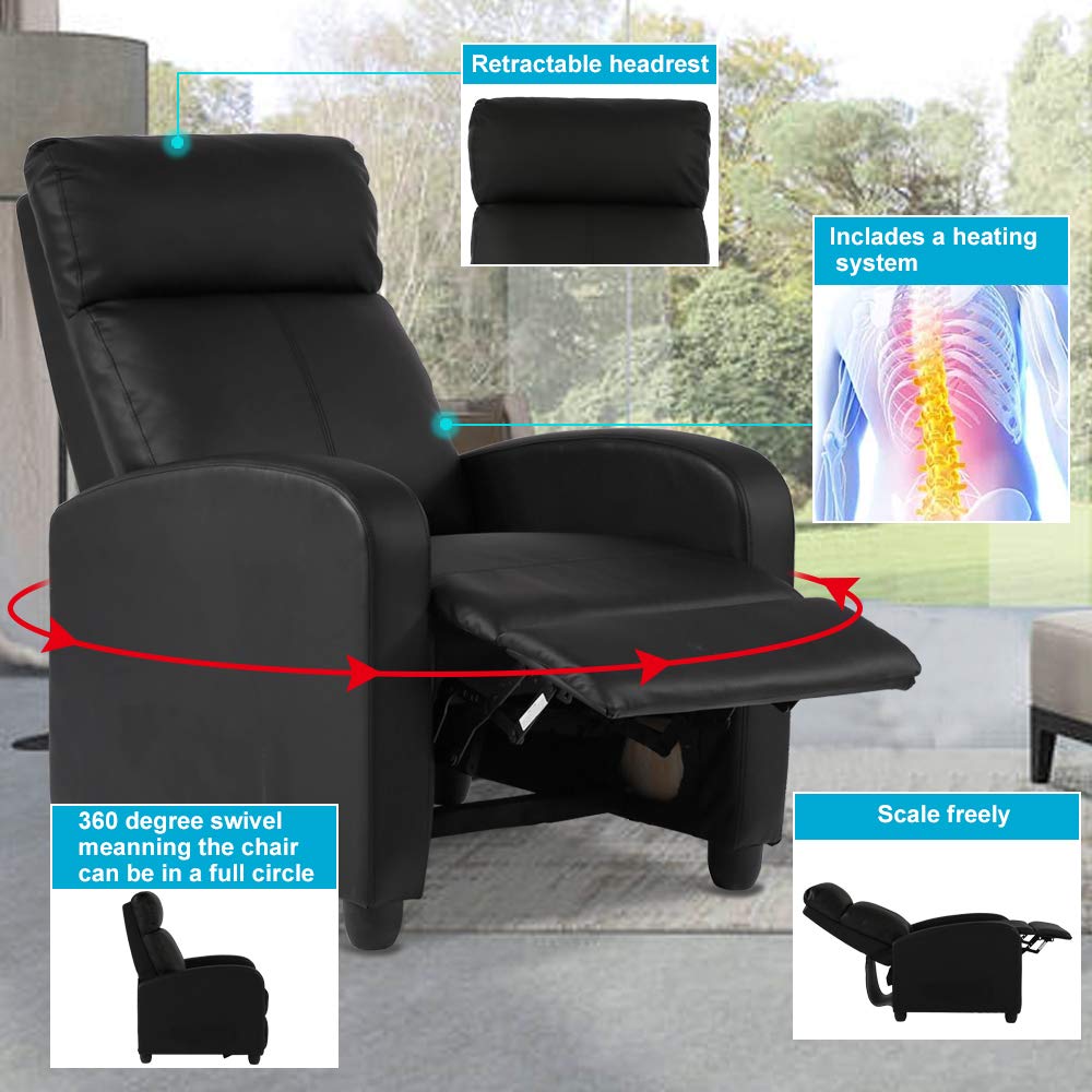 DKeli PU Leather Massage Recliner Chair with Footrest - Wide Padded Seat, Adjustable Backrest & Heavy Duty Design - Modern Wingback Lounge Chair for Living Room, Home Theater & Relaxation - Black