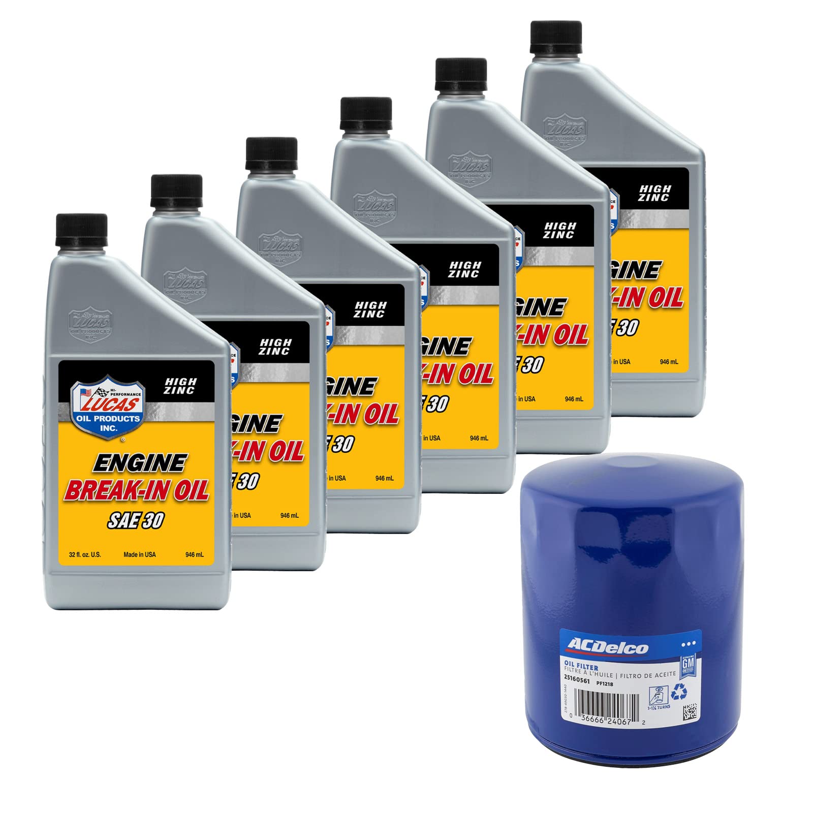 Lucas SAE30 6 Quart Engine Break-In Oil Kit with AC Delco PF1218 Oil Filter - Perfect for New Engine Break-In, Motorcycle, and Classic Car Restoration