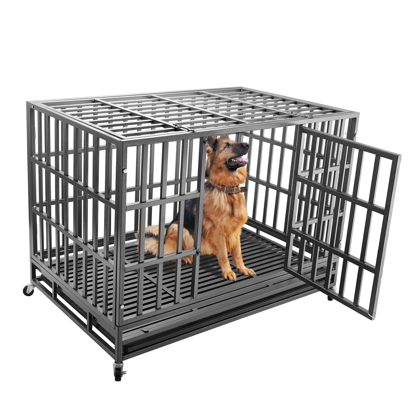 Confote 47-Inch Heavy Duty Dog Kennel - Strong Metal Dog Cage & Pet Crate for Medium & Large Breeds with 4 Lockable Wheels & Removable Tray | Indoor/Outdoor Use, Travel, Home Security, Vet Visits & Training