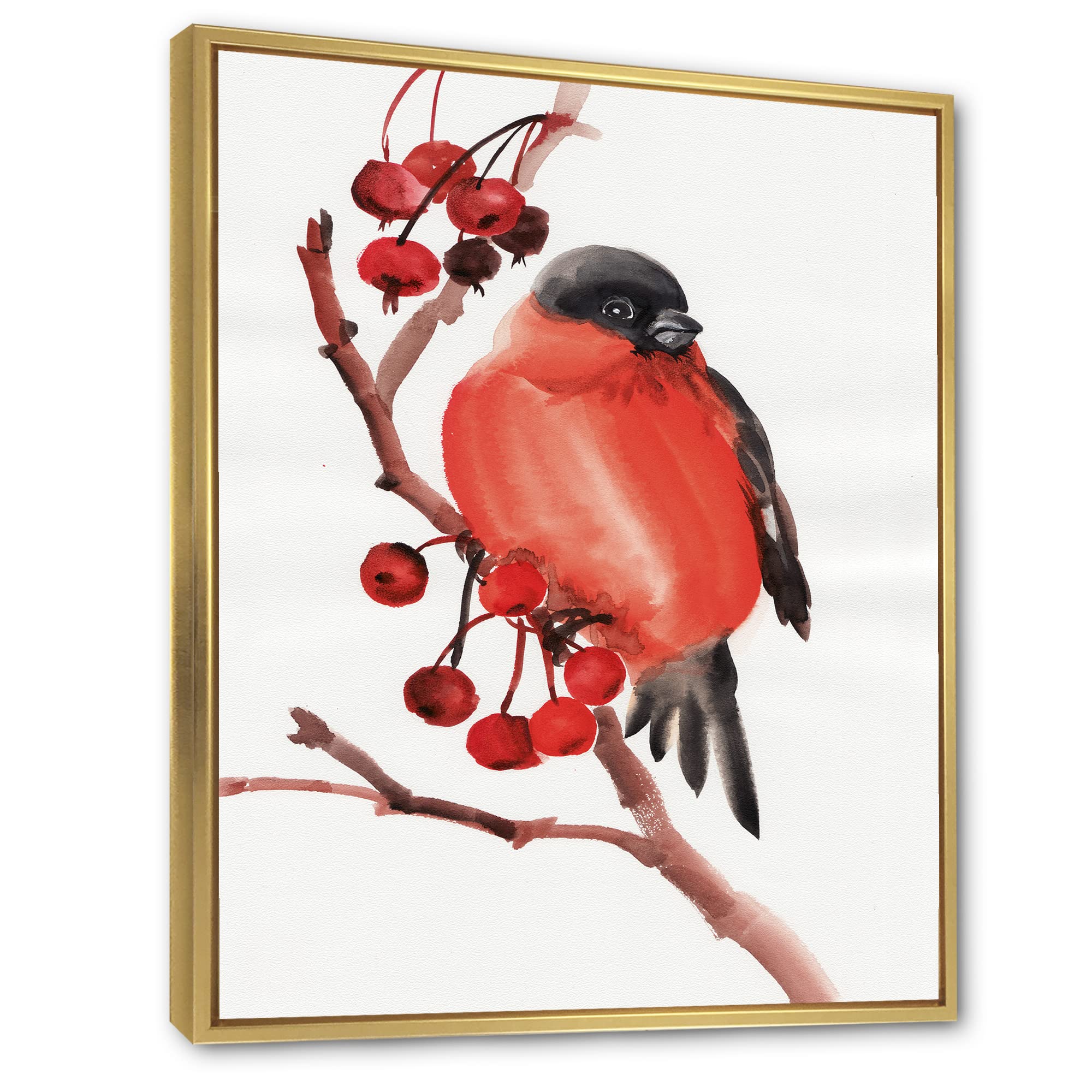 DesignQ Red Bullfinch Bird on Branch with Berries - Traditional Framed Canvas Wall Art Print for Living Room, Bedroom & Office Decor