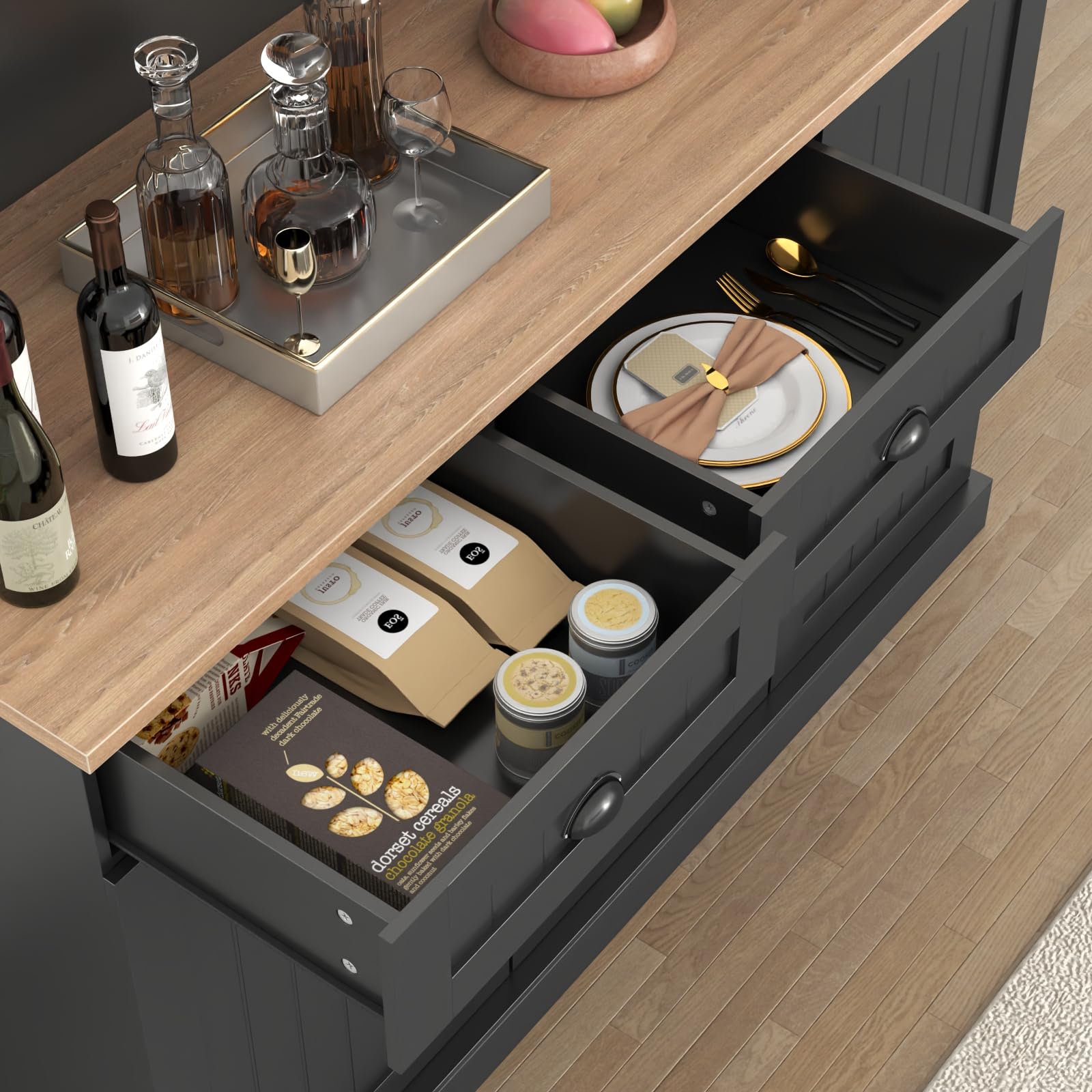 Farmhouse Sideboard Buffet Cabinet with 2 Drawers & 3 Doors - Adjustable Shelves Kitchen Pantry, Coffee Bar Cupboard for Dining Room & Living Room Storage - Perfect for Entertaining & Home Organization (Black)