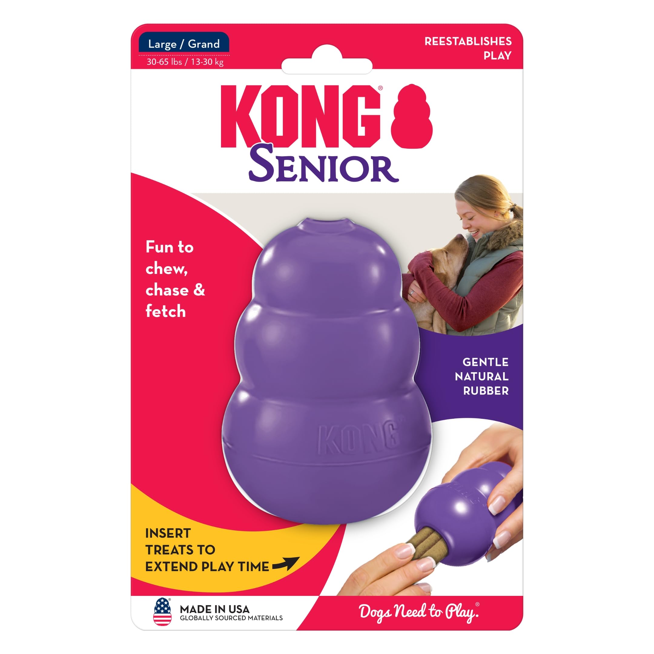 KONG Senior Dog Toy - Durable Natural Rubber Chew Toy for Older & Large Dogs - Treat Dispensing & Stuffable for Chewing, Fetching - Perfect for Senior Dog Playtime & Dental Health