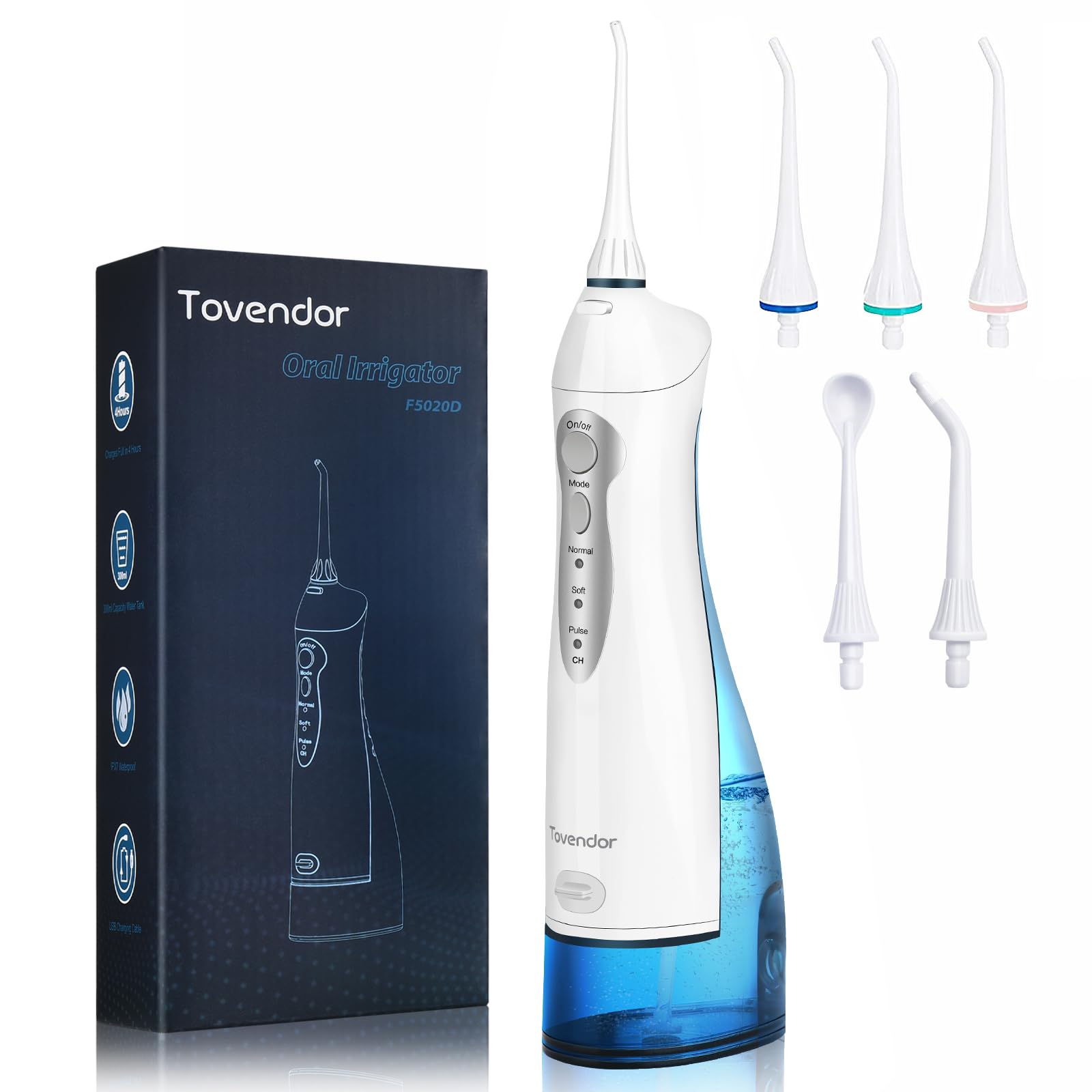 TOVENDOR Cordless Rechargeable Water Flosser - 300ML IPX7 Waterproof Dental Oral Irrigator with 5 Nozzle Tips for Braces, Teeth & Gum Care - Portable Teeth Cleaner for Travel, Home & Office Use - Perfect for Daily Oral Hygiene & Fresh Breath Maintenance