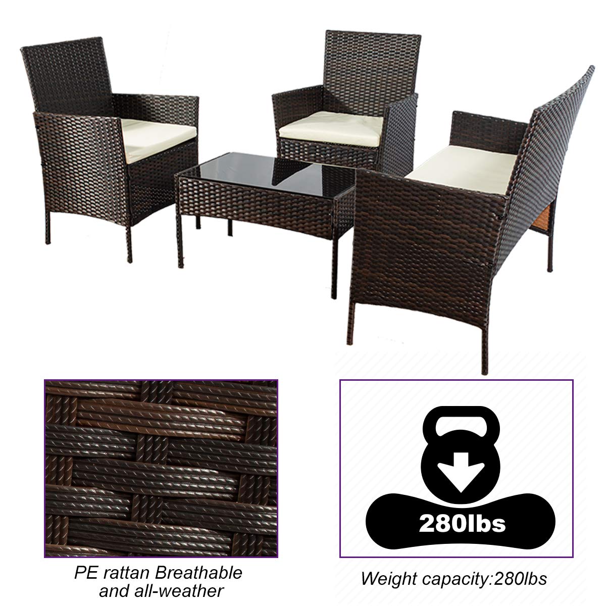 4-Piece Outdoor Patio Furniture Set - Brown Rattan Wicker Sofa & Chairs with Cushions & Glass Table - Durable All-Weather Garden, Poolside, Deck, or Backyard Lounge Seating