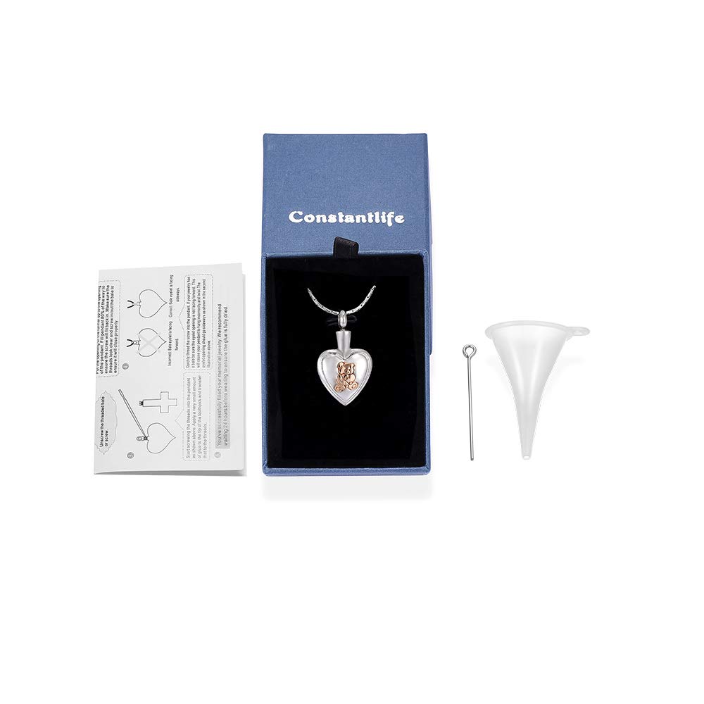 ConstantLife Memorial Teddy Bear Heart Charm Pendant Necklace - Stainless Steel Urn Jewelry for Ashes Keepsake - Perfect for Remembrance Gifts, Sympathy Jewelry & Memorial Services