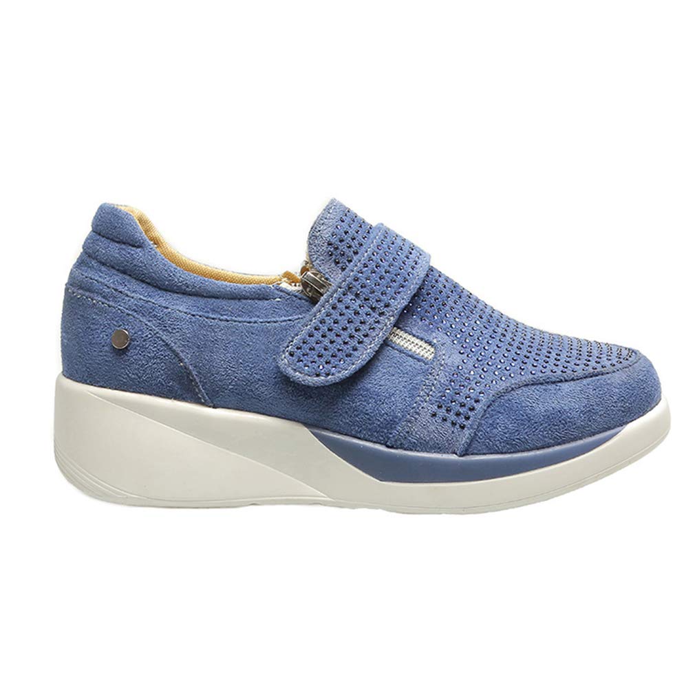 NIKOLay Women's Crystal Sneakers - Side Zipper Platform Running Shoes with Height Boost, Blue Size 35 | Fashion Athletic Shoes for Women, Gym Workout & Casual Wear