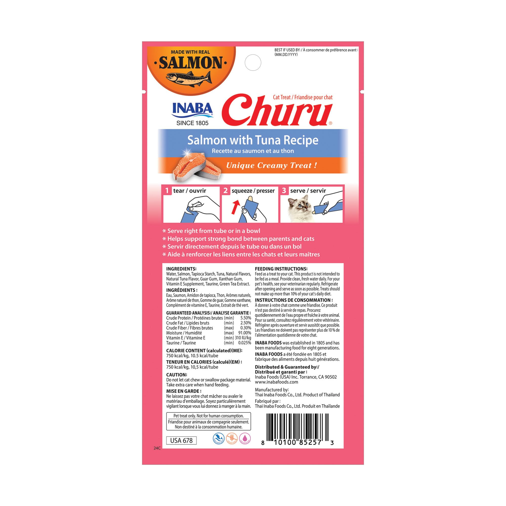 INABA Salmon Churu Cat Treats - Lickable & Squeezable Creamy Purée with Green Tea Extract & Taurine, 0.5oz Tubes (24 Pack, Salmon Tuna Recipe) - Perfect for Training, Bonding & Rewarding Your Cat