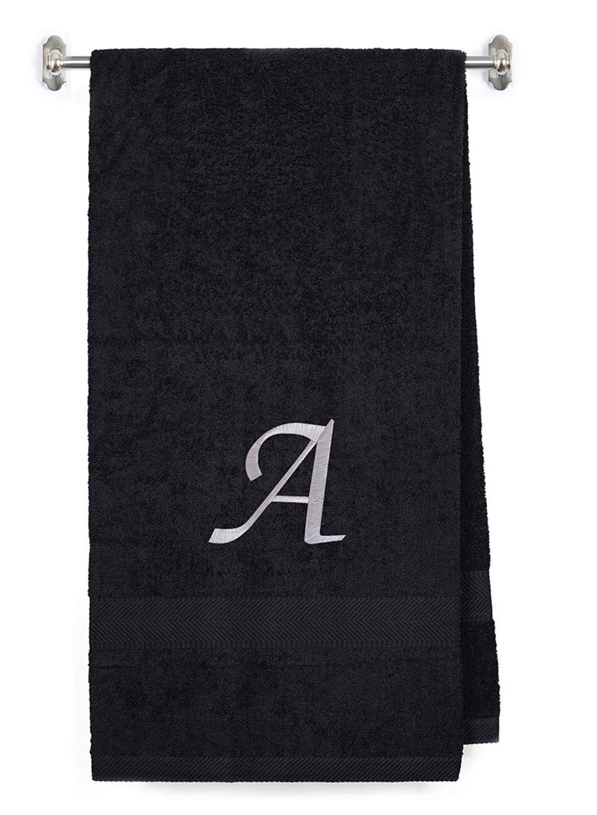 Personalized Embroidered Terry Cotton Bath Towel - Soft & Absorbent Shower Towel for Bath, Pool, Spa & Beach - Black Towel with Silver Initial A - Perfect Gift for Weddings, Showers & Home Decor
