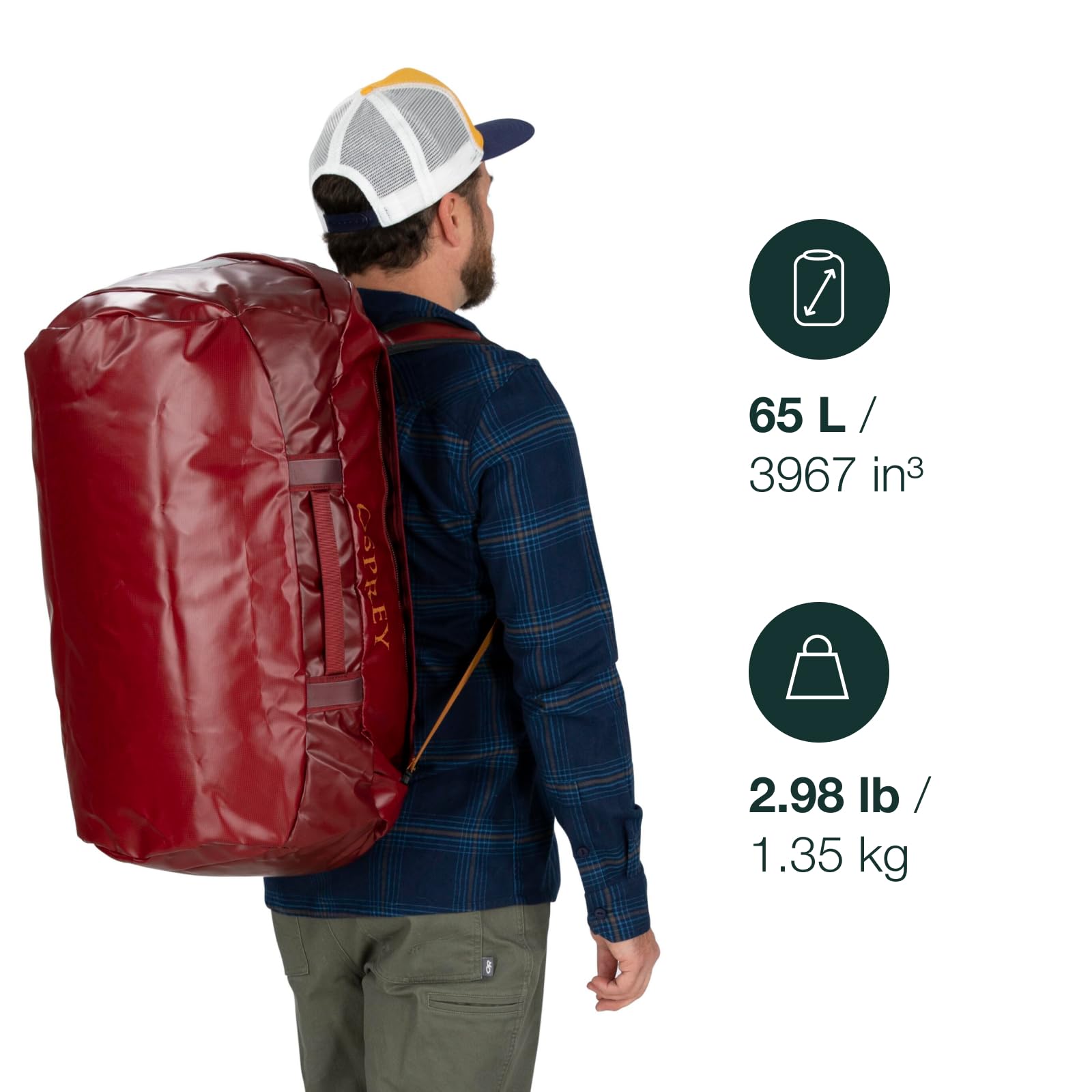 Osprey Unisex-Adult Transporter 65 Duffel Bag - Waterproof Travel Duffel for Camping, Hiking & Air Travel - Durable Carry-On Luggage with Shoulder Straps