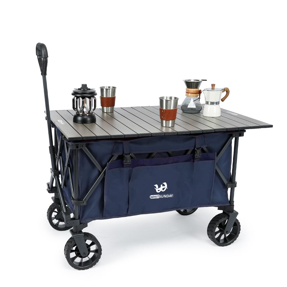 Whitsunday Heavy Duty Folding Utility Wagon - 400Lbs Capacity Collapsible Outdoor Wagon with Table & Side Pockets - Perfect for Beach, Camping, Park, Shopping, Sports & Garden Use - Dark Blue