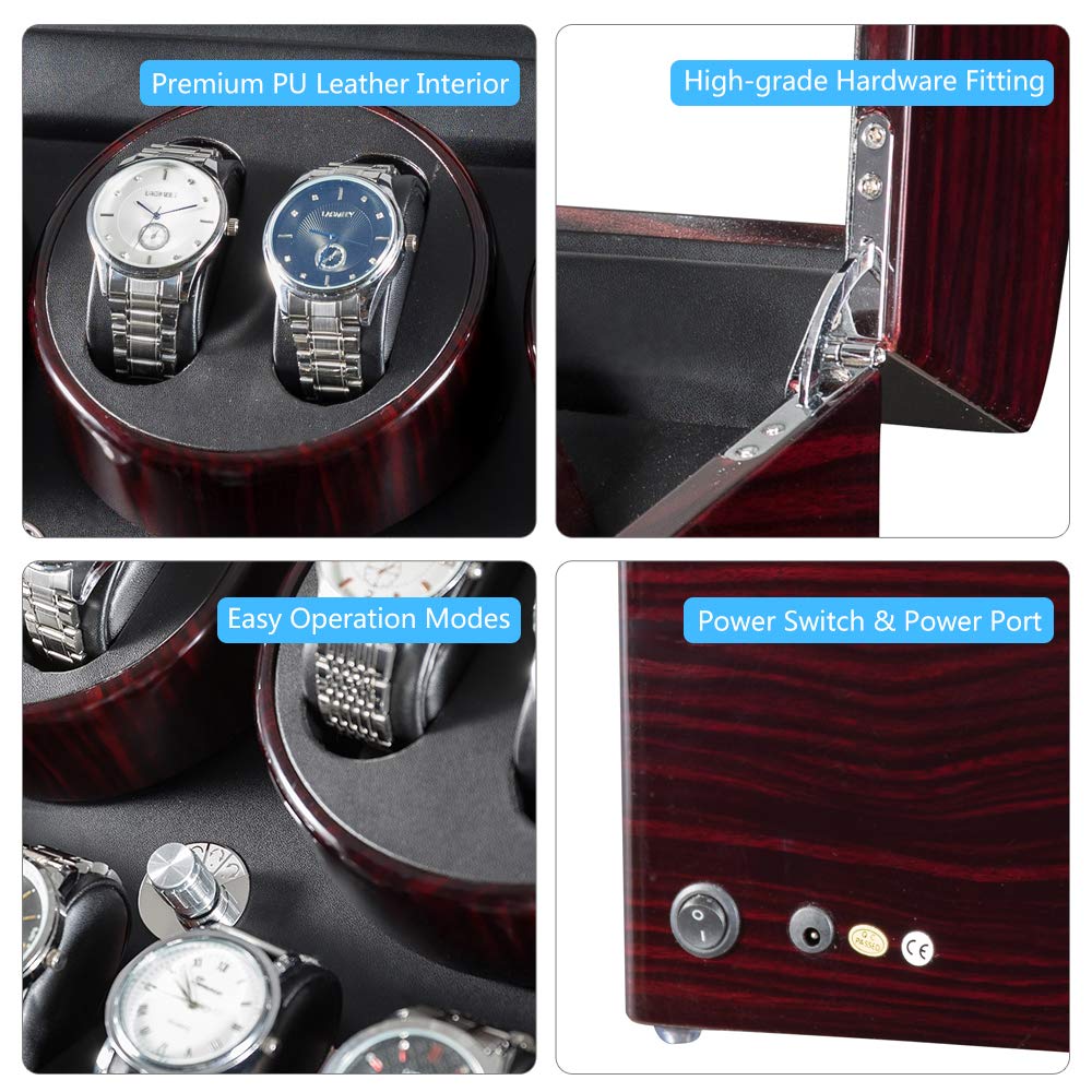 JQUEEN Automatic Watch Winder with 6 Watch Storage & 7 Watch Capacity - Ultra Quiet Japanese Motor & Soft Flexible Watch Pillows - Perfect for Luxury Watch Collection, Travel & Nightstand Storage