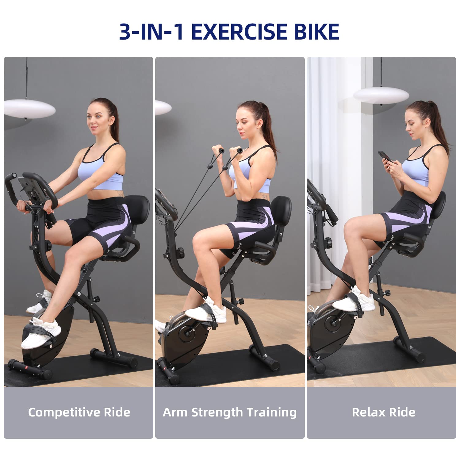 Foldable Exercise Bike for Home Gym - Sportneer 4-in-1 Indoor Cycling Bike with 16-Level Magnetic Resistance, Arm Resistance Bands & PVC Floor Mat | Perfect for Cardio, Strength Training & Small Space Workouts