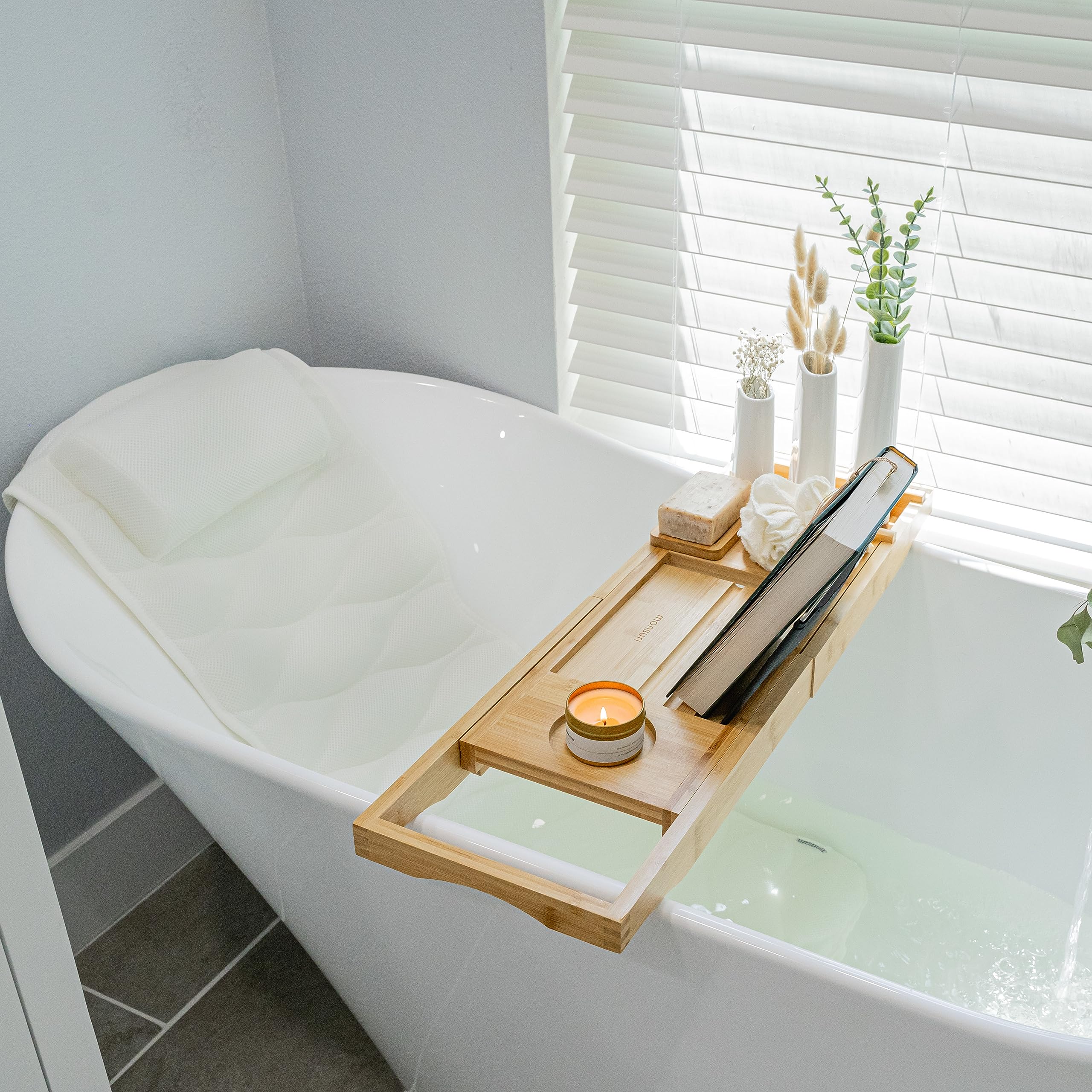 Luxury Bath Pillow & Bathtub Caddy Set - Spa Quality Bath Accessories for Ultimate Relaxation | Perfect Self Care Gift for Women & Mom | Ideal for Bubble Baths, Aromatherapy & Home Spa Days