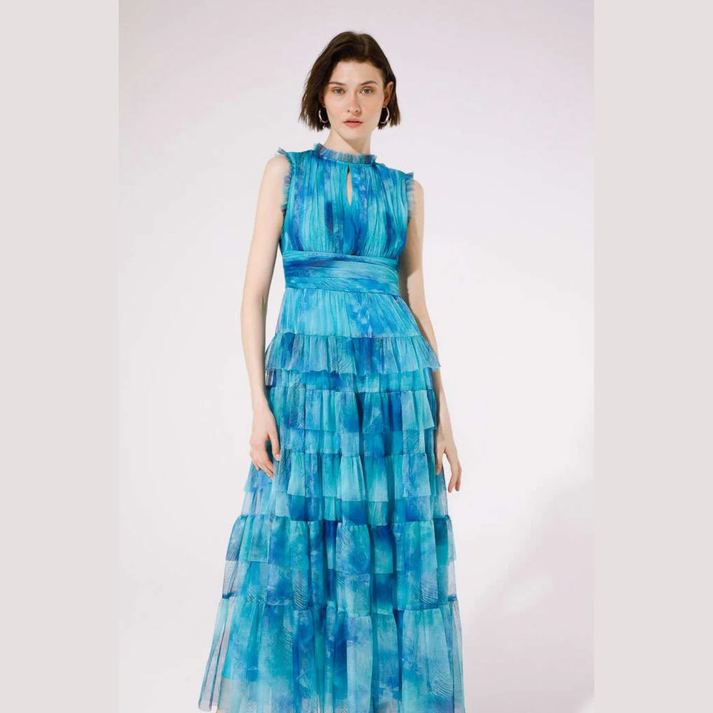 Mercurio Maxi Dress - Flowy Aqua Print Summer Dress for Women | Beach Wedding, Vacation & Casual Outfit