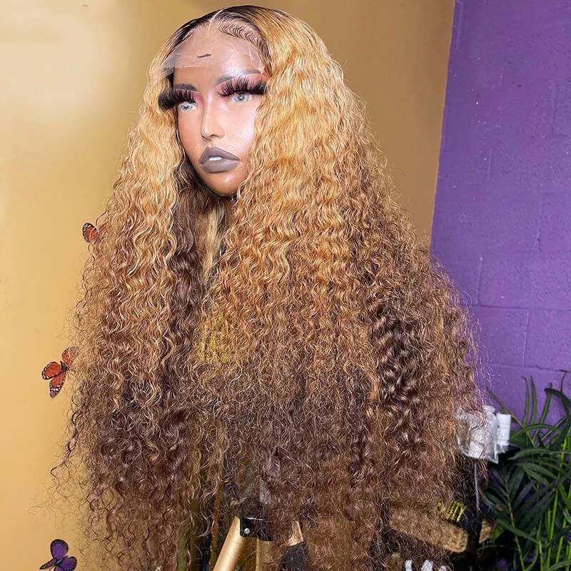 Eullair Ombre 1B Honey Blonde Brown Curly Lace Frontal Wig - Glueless Human Hair Wig with Pre-Plucked Hairline for Women | Perfect for Daily Wear, Parties & Special Occasions